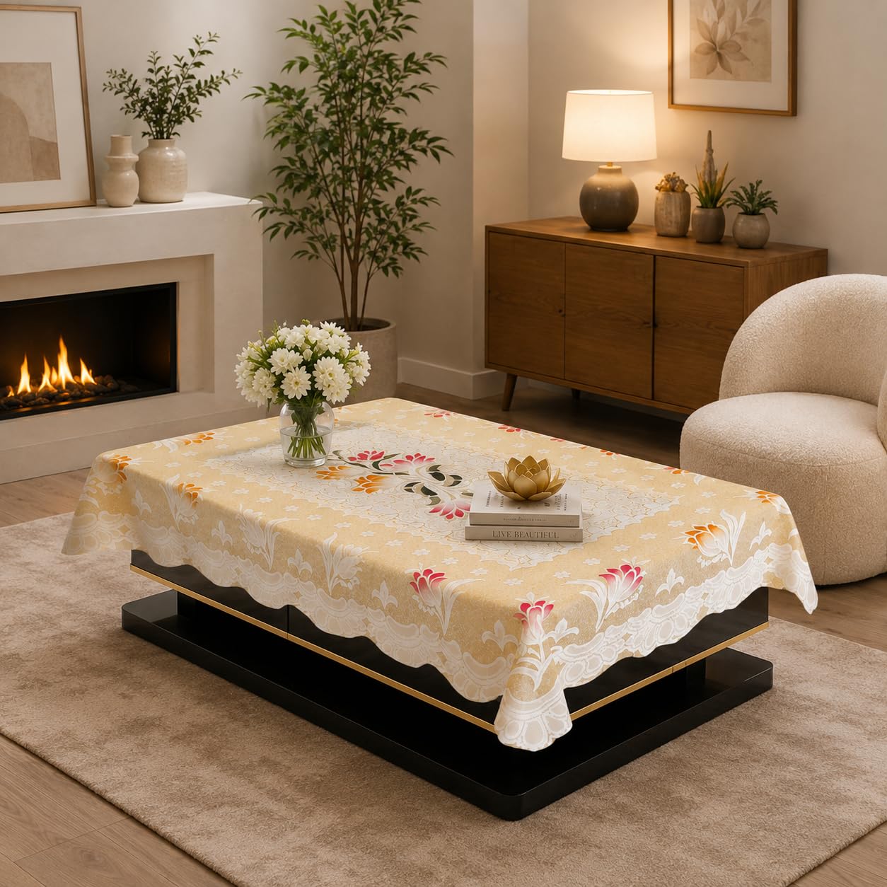 STITCHNEST Florenza Orange Cotton Net Table Cover 40x60 Inches