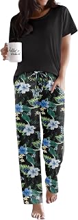 Ekouaer Womens Pajamas Sets Round Neck Pjs Loose Lounge Sets Sleepwear | 2 Piece Casual Lounge Sets Loose Pajams Set for Sleeping, Lounging, Jogging, and Walking