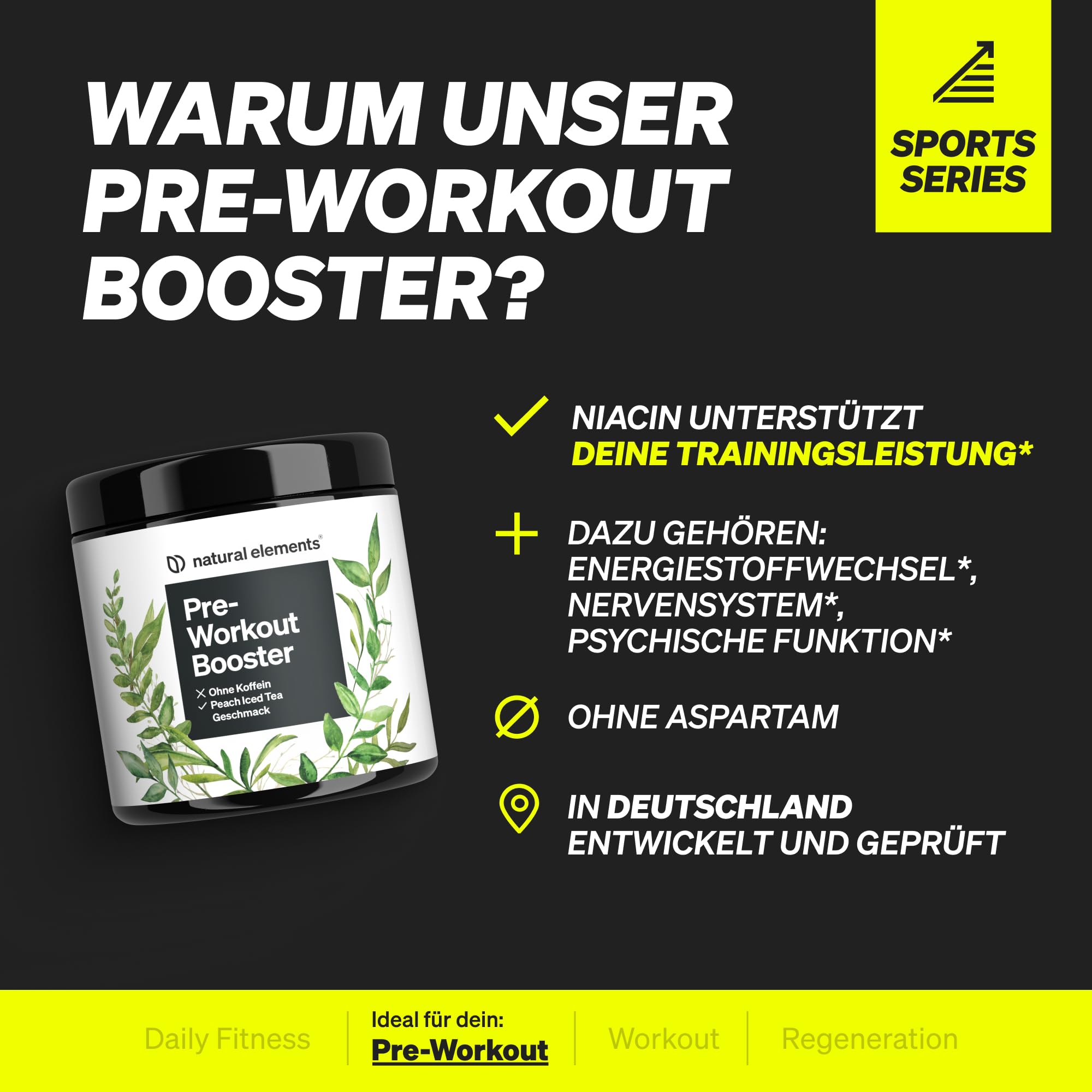 natural elements Pre-Workout Booster 420g – Zero Koffein – Peach Iced Tea Geschmack – mit Niacin, Ginseng & BCAA – vegan, koffeinfrei – in Deutschland produziert & laborgeprüft