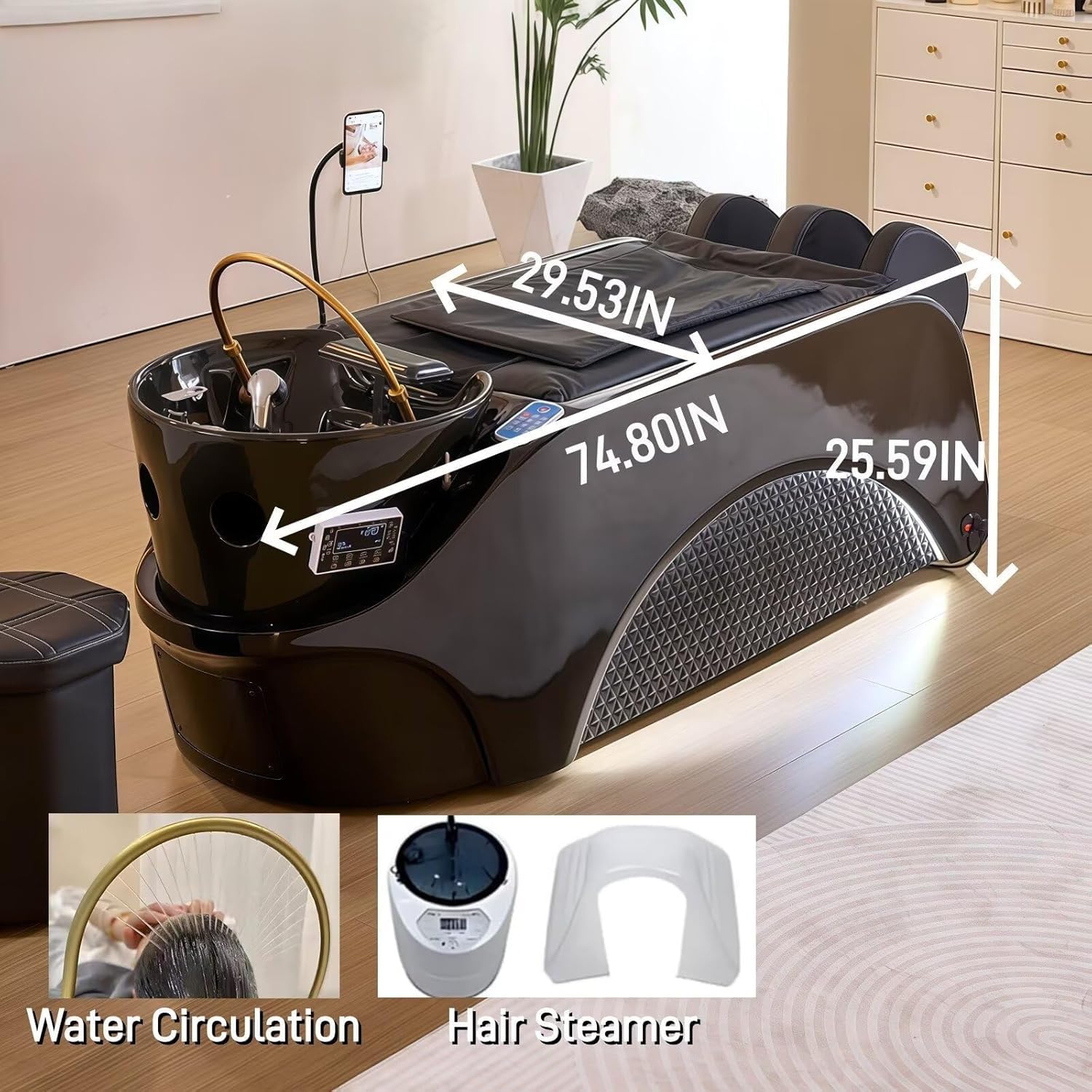 Lettino lavatesta Smart Head Spa con luce LED, supporto per telefono, vaporizzatore e massaggiatore per capelli, design ad arco geometrico, nero