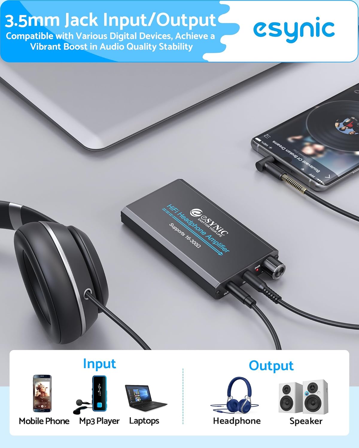eSynic 16-300 Ohms Portable Headphone Amplifier-1000mAH Rechargeable Headphone Amp with Gain Switch & Volume Control-Aluminum Alloy 3.5MM AUX Audio Amplifier for Phone/Laptops/PC/MP4/Gaming Consoles