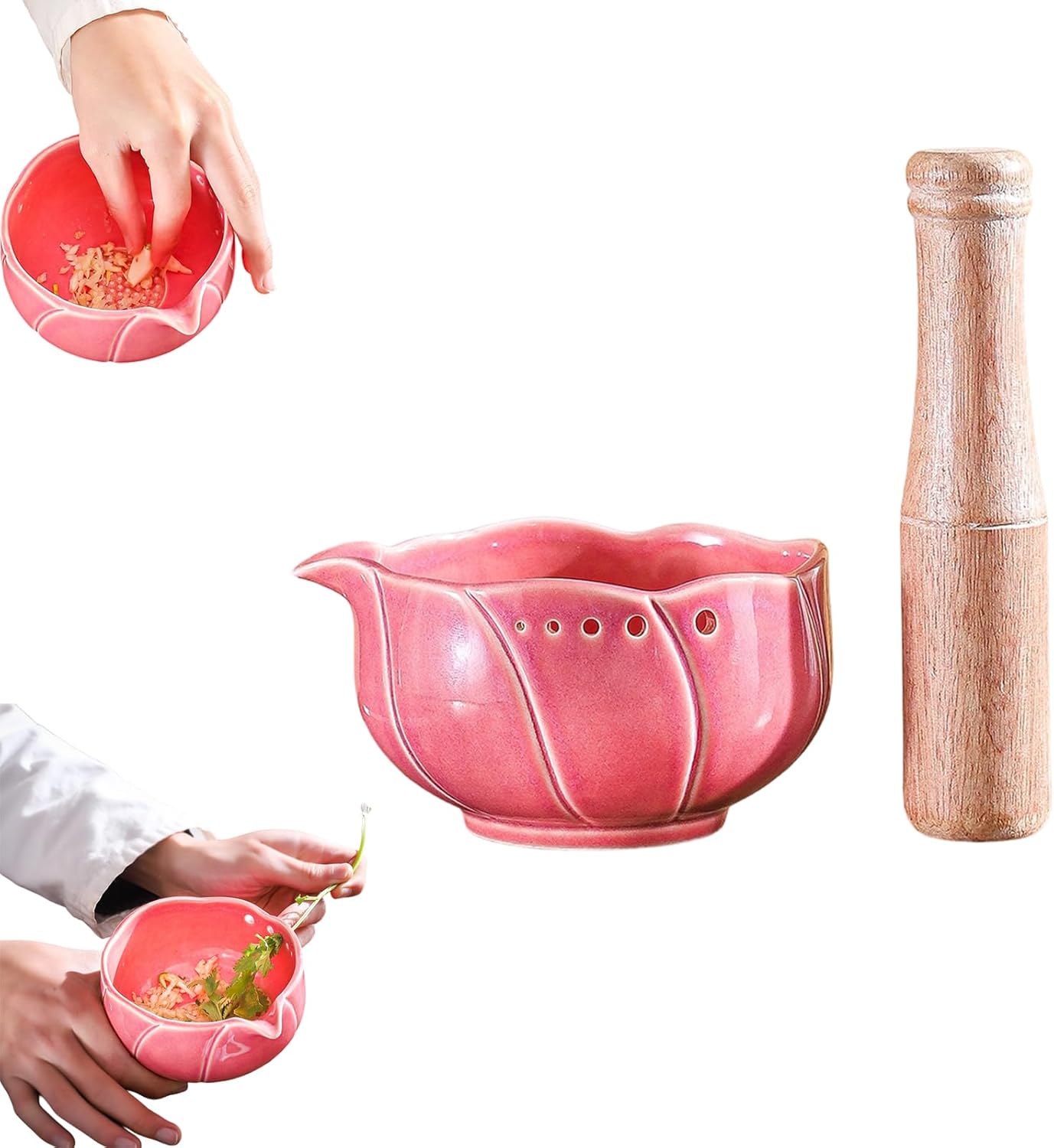 Handmade Garlic Grater Bowl Efficient Foliage Stripping Tool with 5 Hole Sizes for Salads & Cooking Kitchen Tool with Drainage Port & Foliage-Separating Assembly for Dressing