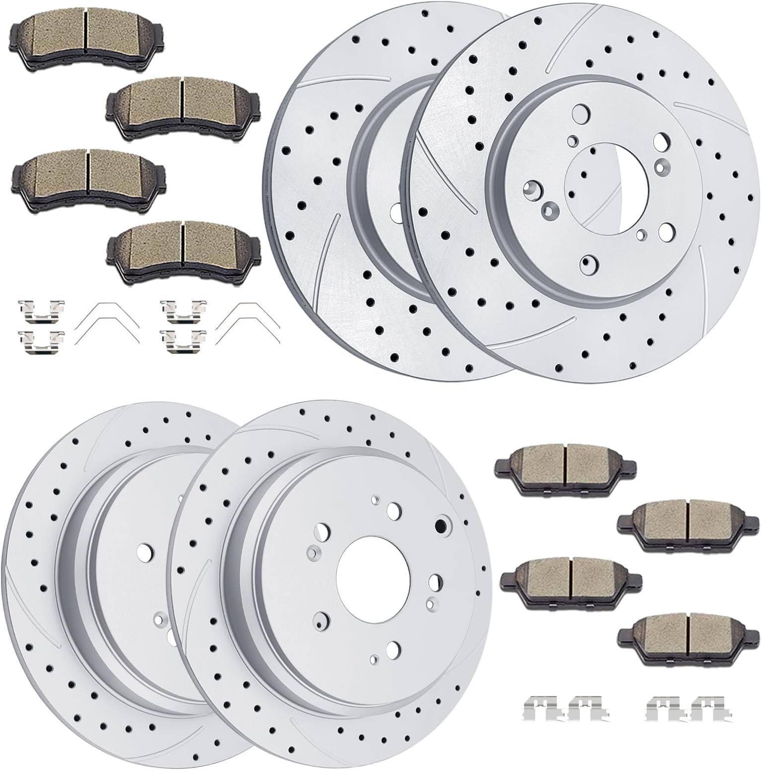 Front and Rear Disc Rotors Ceramic Brake Pads Drilled and Slotted Brake Kit Replacement for Honda Odyssey 2005-2010