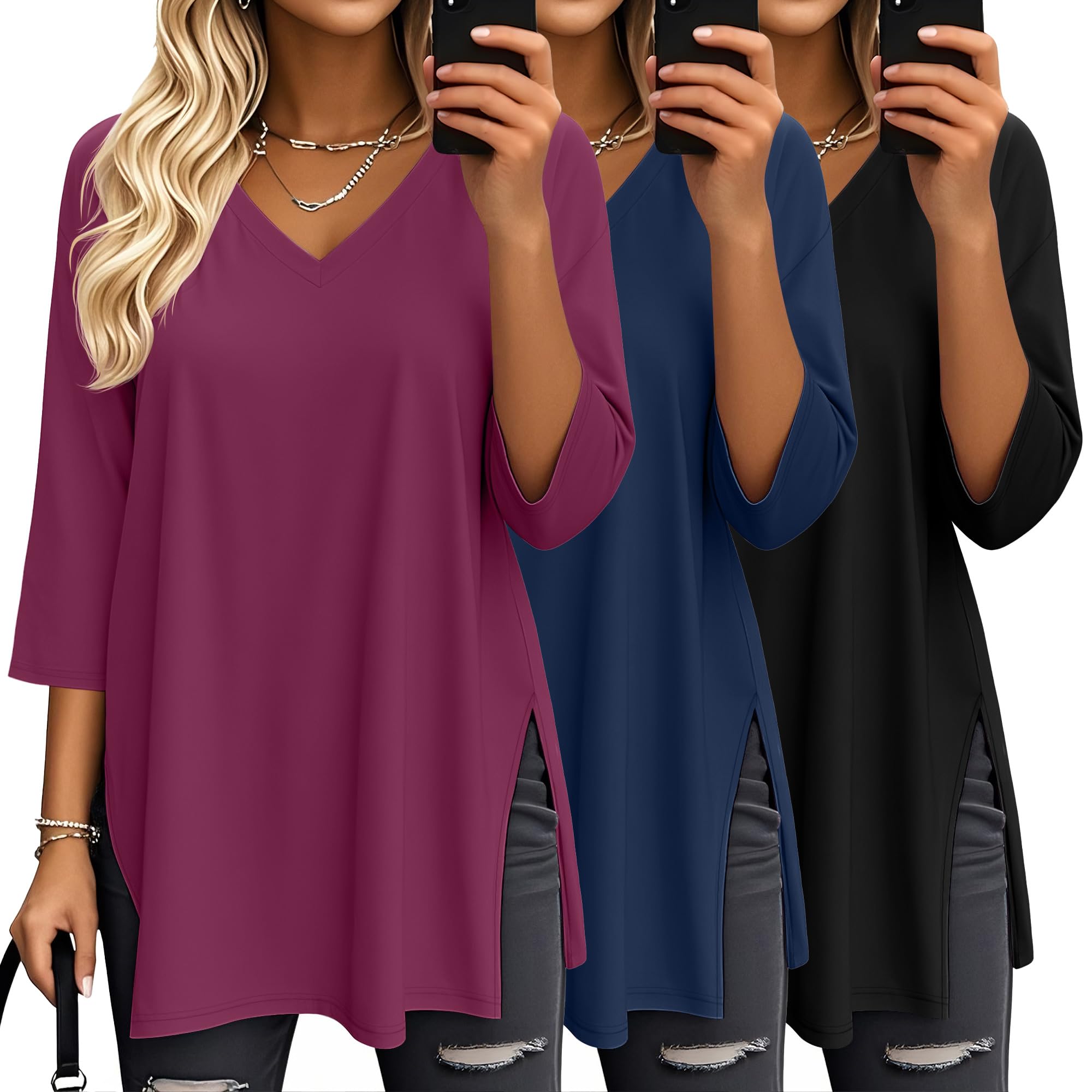 3 Top Donna Oversize Maniche 3/4 Scollo a V | Tuniche Con Spacchi Laterali, T-shirt Ampie, Abbigliamento Traspirante, Maglie Casual, Outfit a Strati, Moda Autunnale