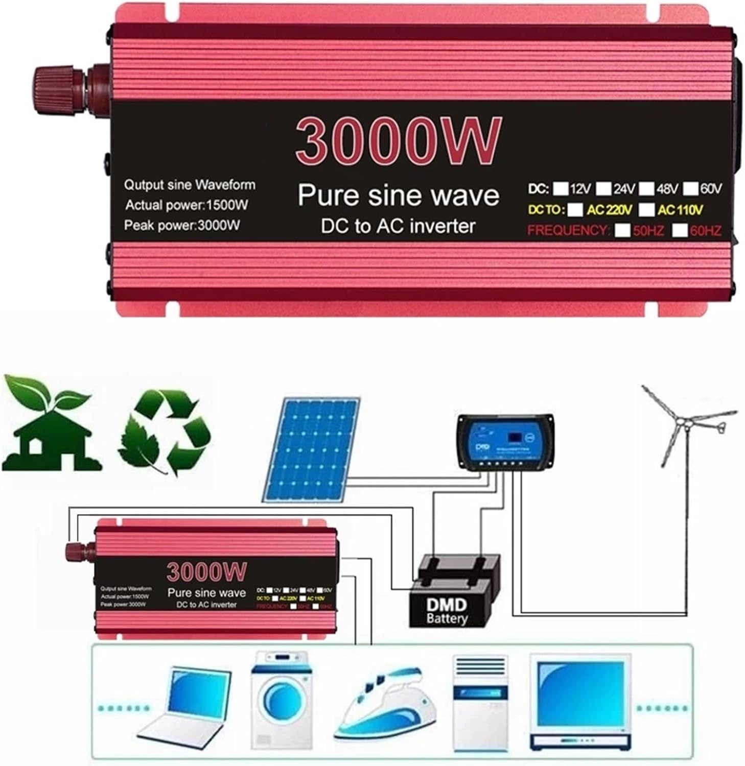 Pure Sine Wave 12V DC to 220V AC Converter 3000W 2200W 1600W 1000W Voltage Regulator 24V Solar Inverter 50Hz 60Hz(2200W,12V,220-224V 60HZ)