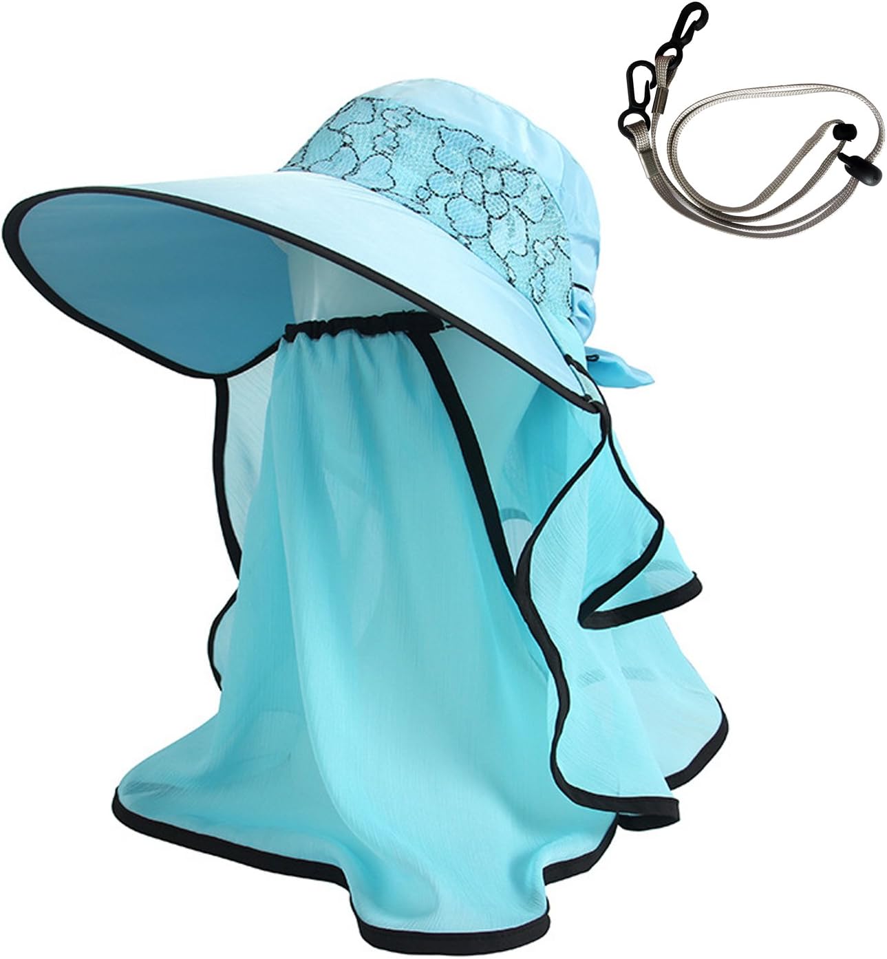 AOU Womens Sun Hat with Veil Mask Visor Cap Summer Beach Hat with Neck Cover Cord
