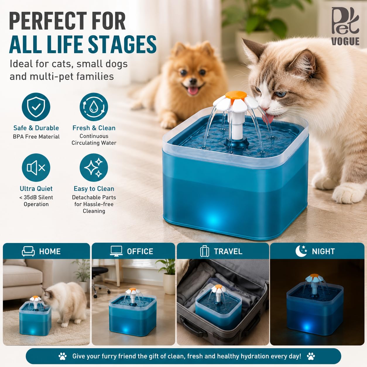 PetVogue Pet Fountain Cat Water Dispenser (2 L) - Healthy and Hygienic Drinking Fountain Super Quiet Flower Automatic Water Bowl for Cats, Dogs, Birds and Small Animals 2