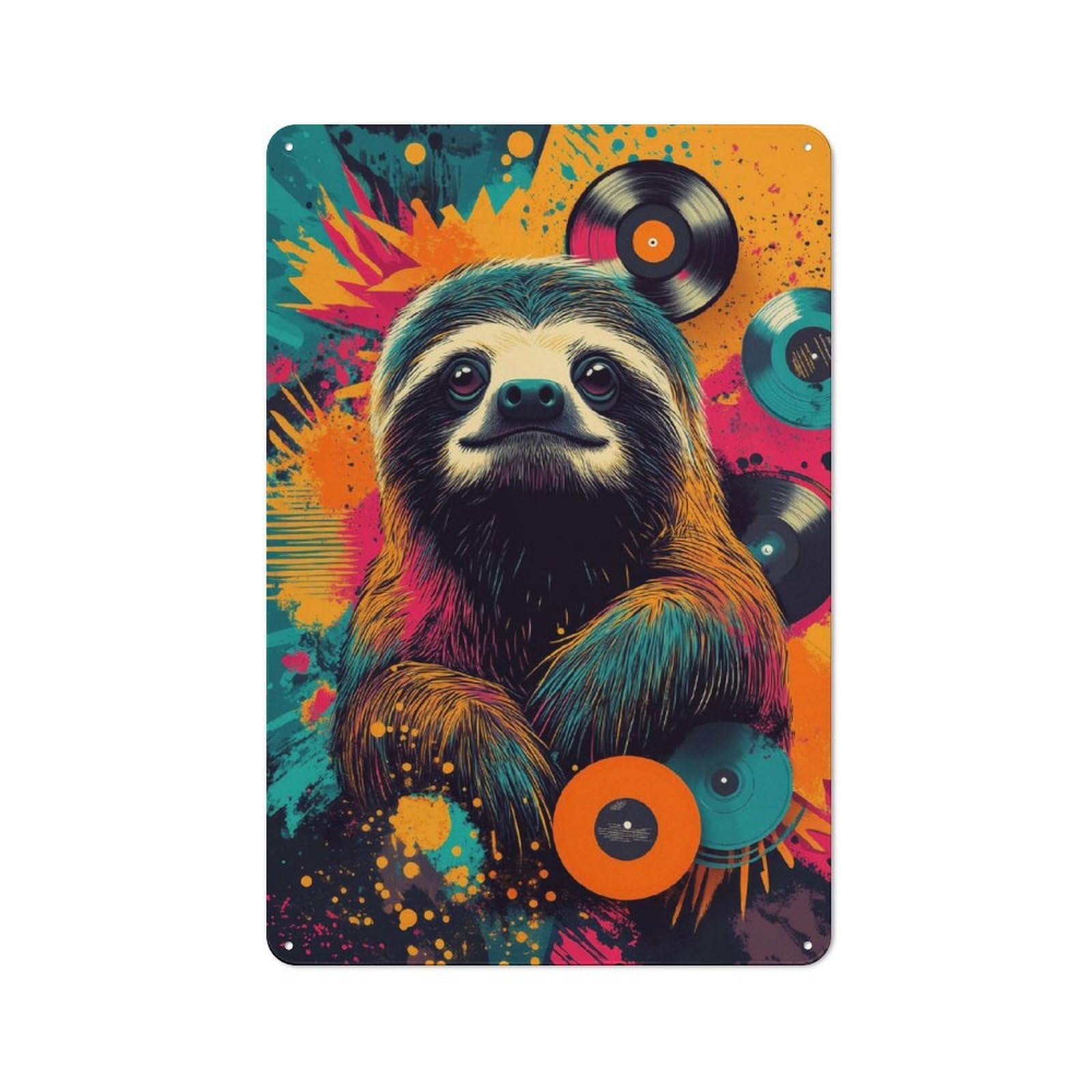 Junmoney Colorful Sloth With Vinyl Records Happy Slot Tin Wall Plaque 30X20cm With H Vibes For Pub Or Café, With Clear Vintage Wall Decor Character