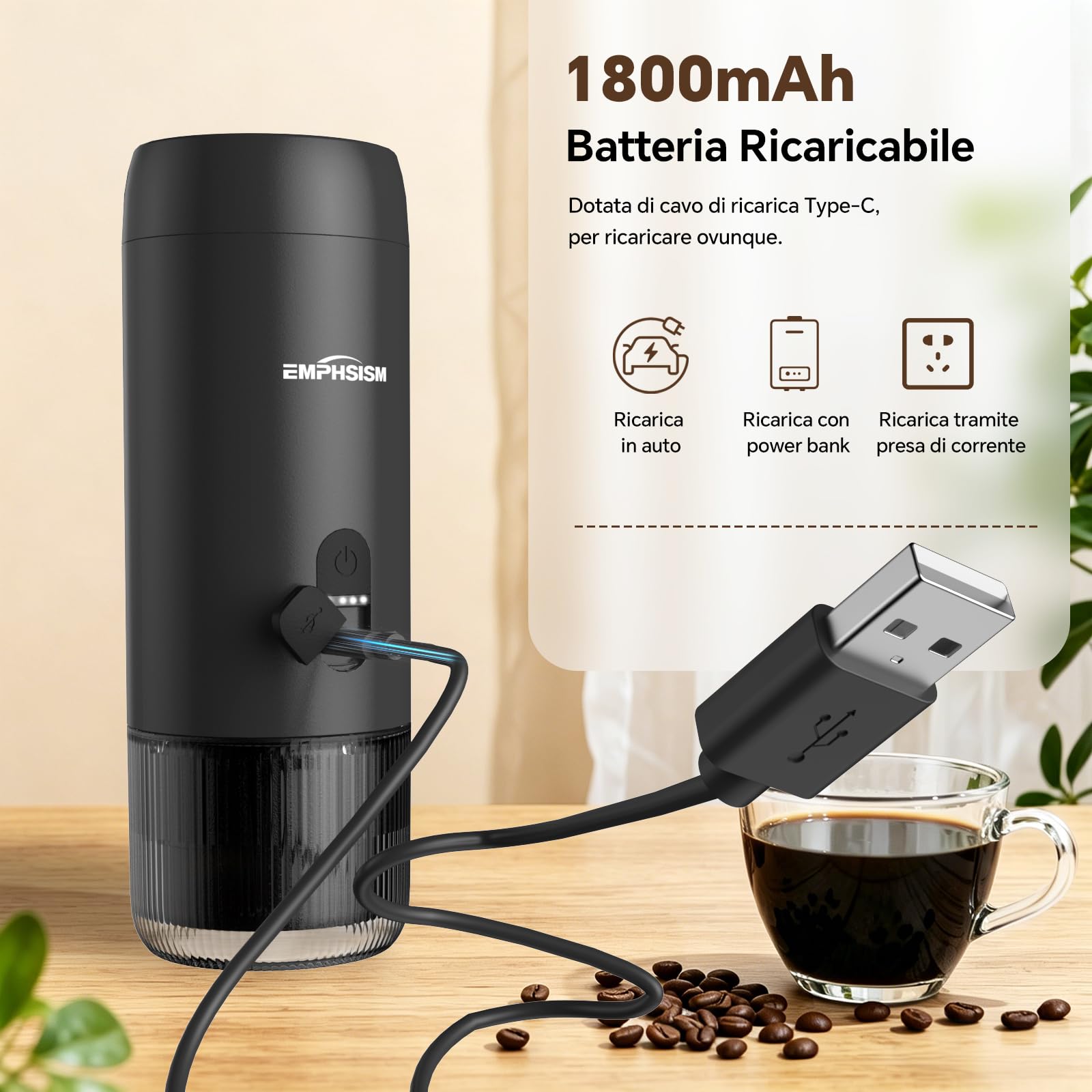 Mini macchina da caffè espresso portatile per capsule e caffè macinato – Mini macchina da caffè con batteria per viaggio, campeggio, ufficio, camper, macchina da espresso 20 bar da portare con sé con