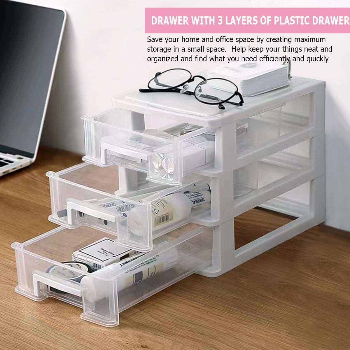 Plastic Desk Organizer,Desk Storage Box with 3 drawers,Makeup Organizer Sundries Storage Multifunction Storage Rack for Office School Home (White)