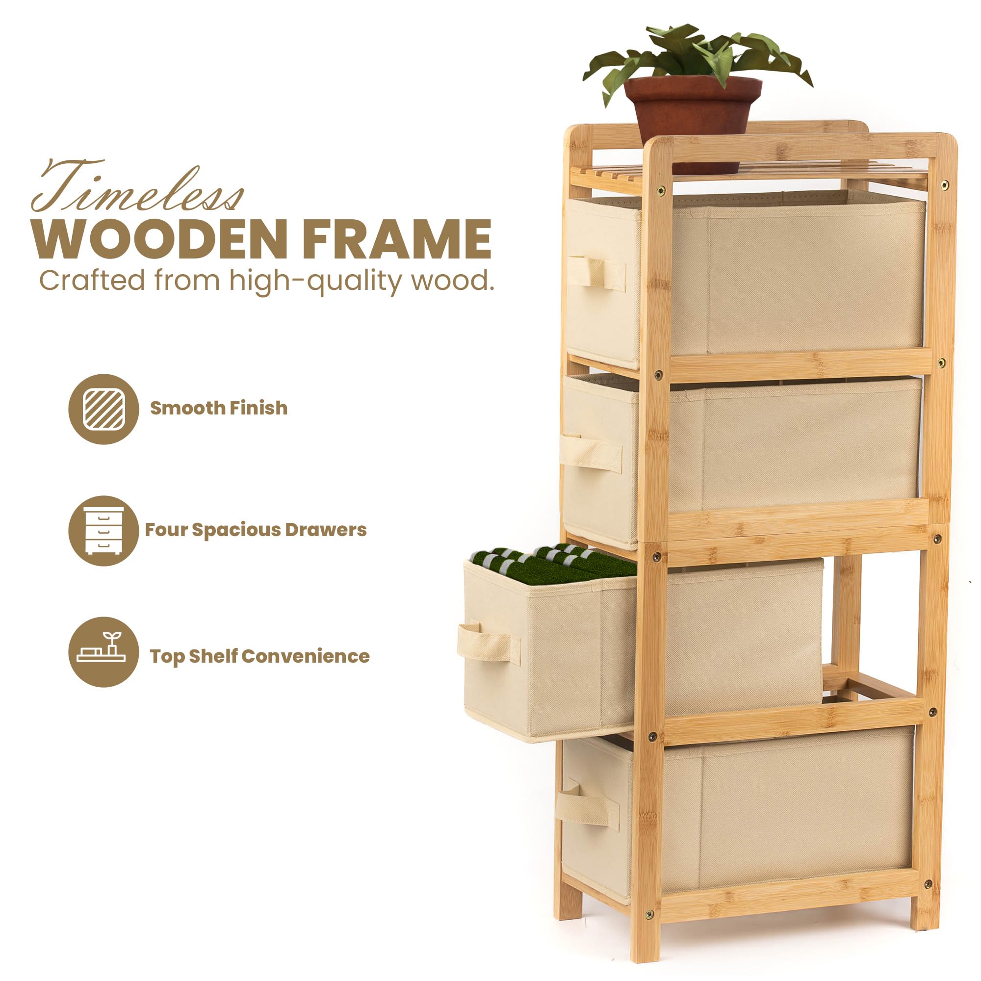 HH DESIGNS Wooden Narrow Dresser- Skinny with 4 Fabric Drawers- Slim for Small Spaces- Vertical Bamboo Storage- Skinny for Bedroom, Living Room, Laundry Room