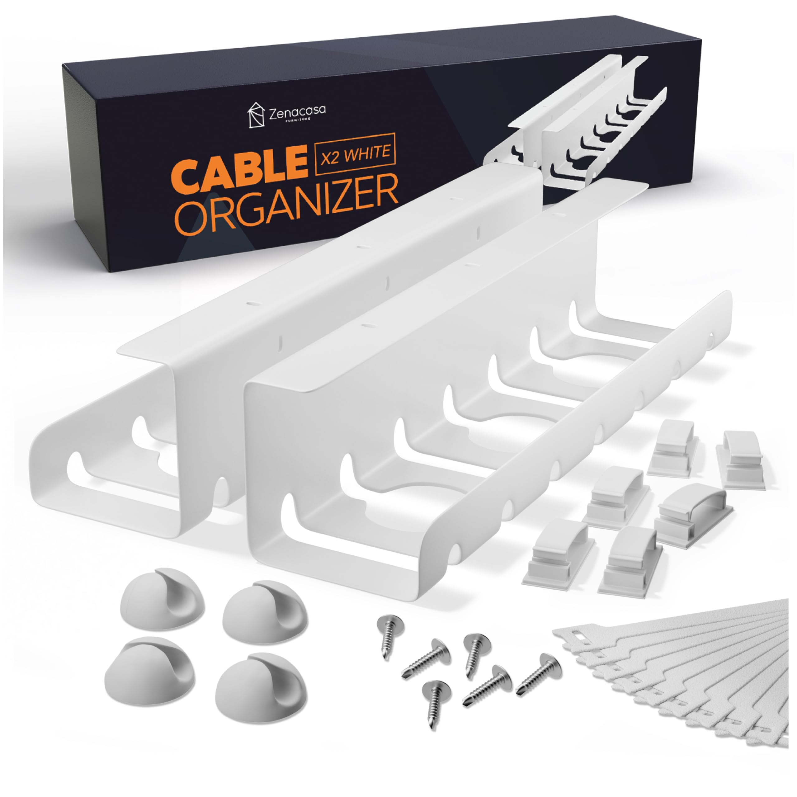 Zenacasa Organizador de Cables de Escritorio (Set de 2) de Acero Blanco - Montaje Sencillo - Bandeja Cables Escritorio Robusta y Práctica