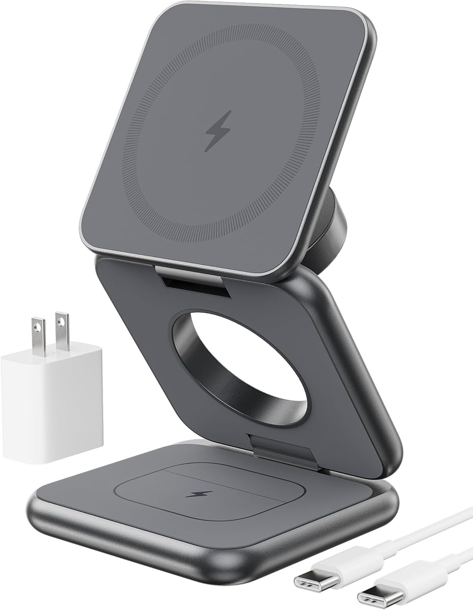 Foldable Magnetic Wireless Charger, KU XIU X40 Aluminum Alloy 3 in 1 Charging Station for Apple, Fast Magnetic Charger Stand for iPhone 17 16 15 14 13 12 Series, 5W for iWatch, AirPods 3/2/Pro, Gray