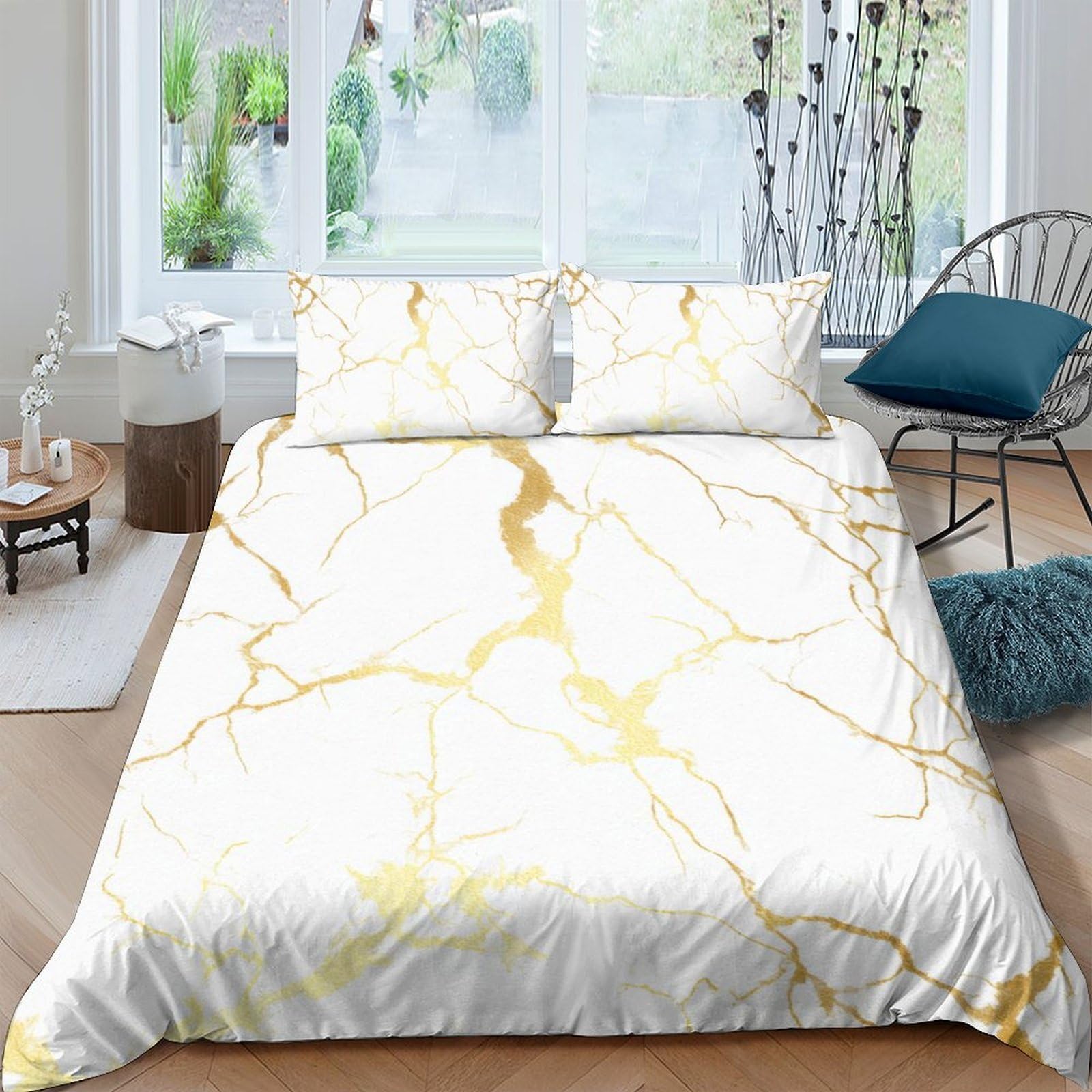 GPLZQXKJNH 3D Printed Marble Vein Duvet Cover Microfiber Soft Gold Pattern Bedding Set with 2 Pillowcases for Bedroom Decor Single（135x200cm）
