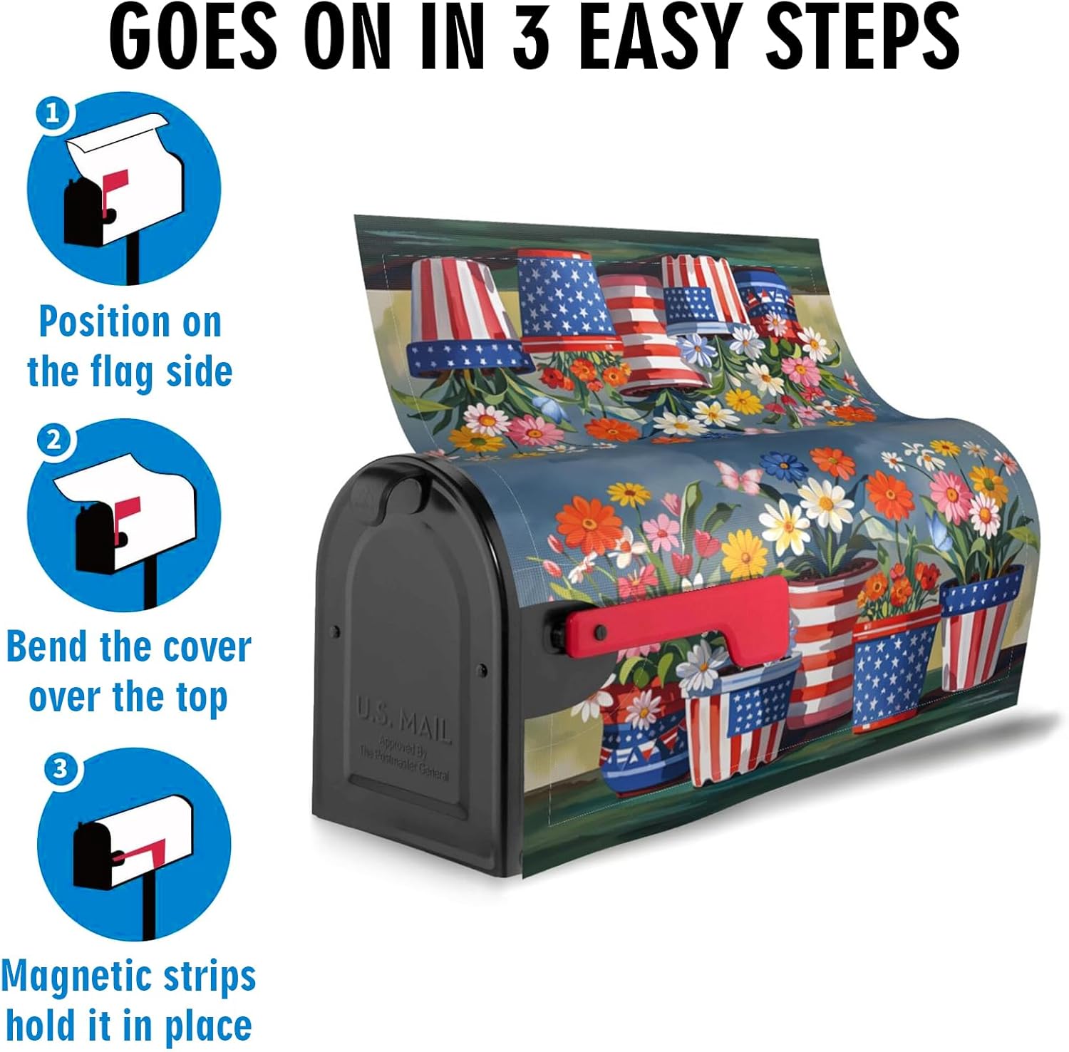 Independence Day Mailbox Covers, Summer Flowerpot Large Size Magnetic Mailbox Cover, July 4th Patriotic 25.1x21 Inch Post Letter Box Case for Outside Decor