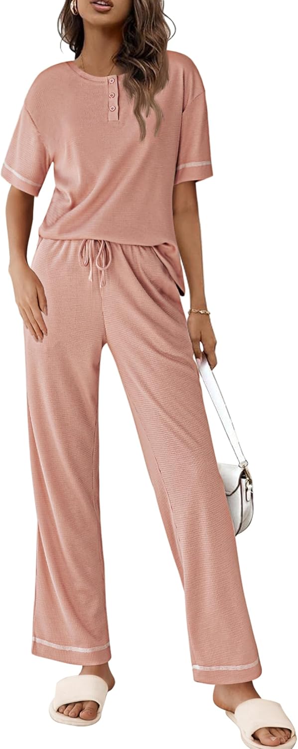 Ekouaer Lounge Sets for Women Waffle Knit Womens Pajama Sets 2 Piece Pjs Sets with Pockets Short Sleeve Top Long Pant