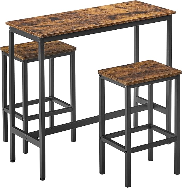VASAGLE Dining Table Set, Bar Table and Stools Set, Breakfast Bar Table with Bar Stools Set of 2, Industrial Steel Frame, Rustic Brown and Black LBT218B01
