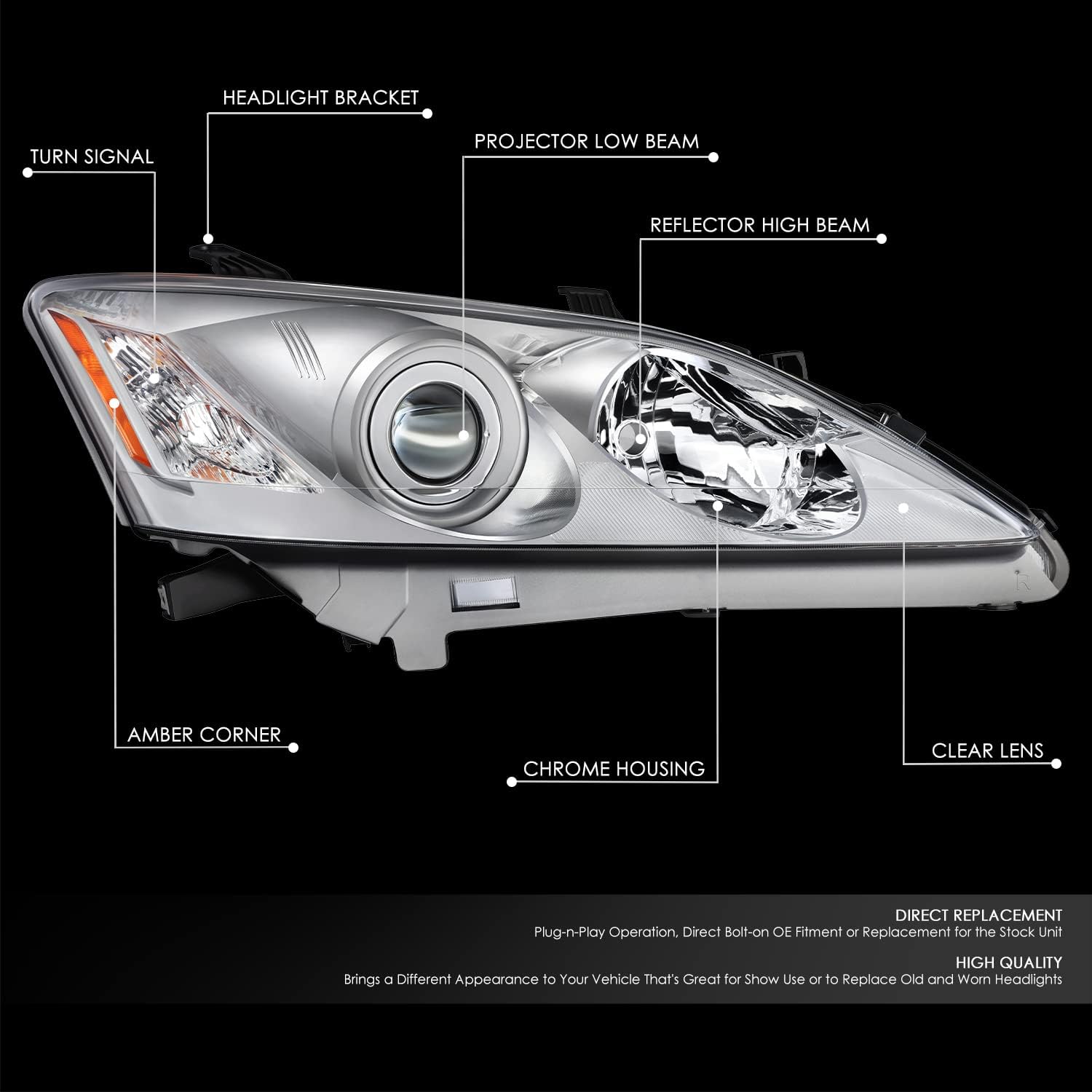 DNA MOTORING Right OE Style Headlight Compatible with 07-09 Lexus ES350, Chrome Housing Clear Lens Amber Reflector,OEM-HL-0165-R