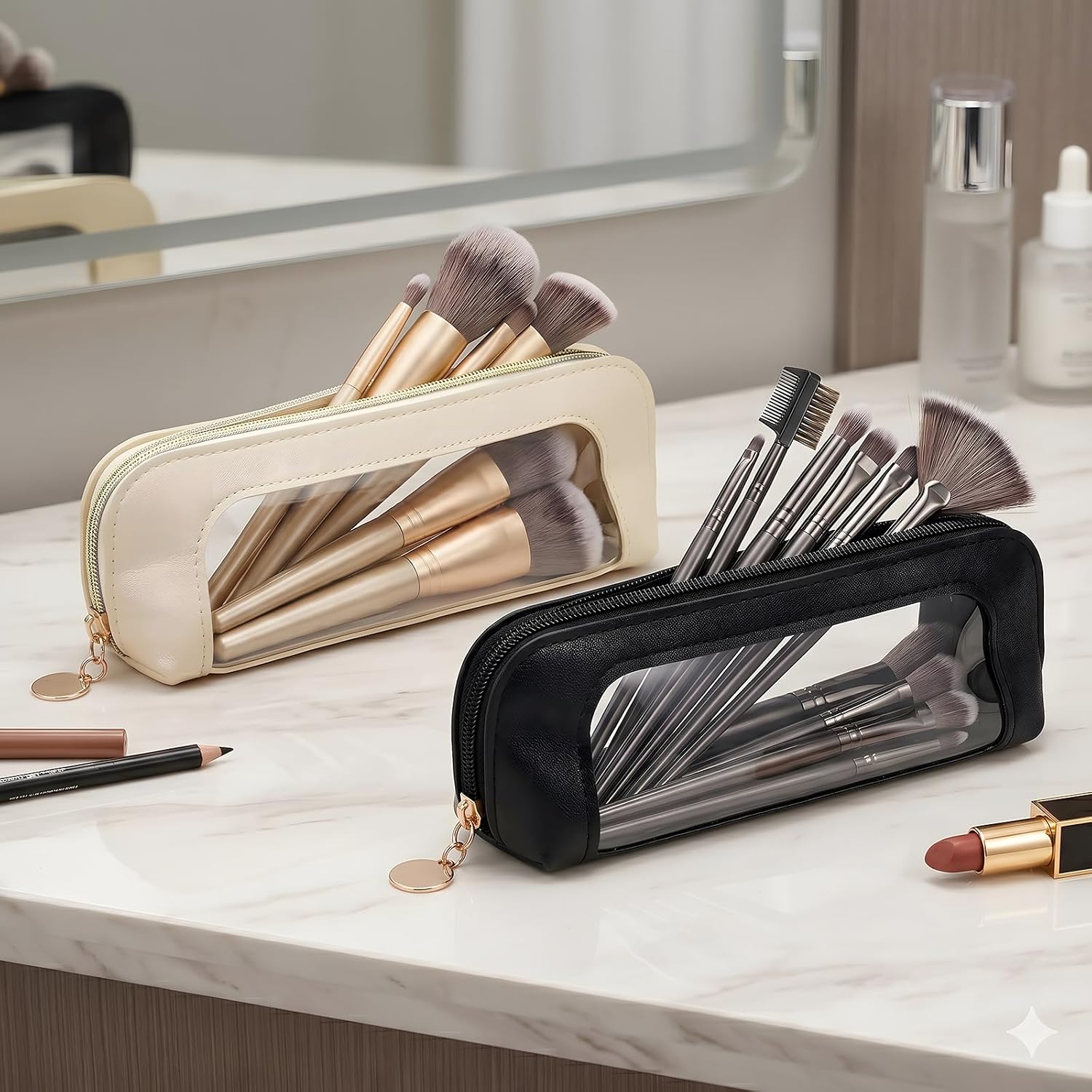 Small Clear Makeup Brush Bag | Portable Transparent Waterproof Organizer Pouch with Zipper | Leather Slim Makeup Case | Lipstick Pouch for Women Travel Office Cosmetic Storage(Off-white black)