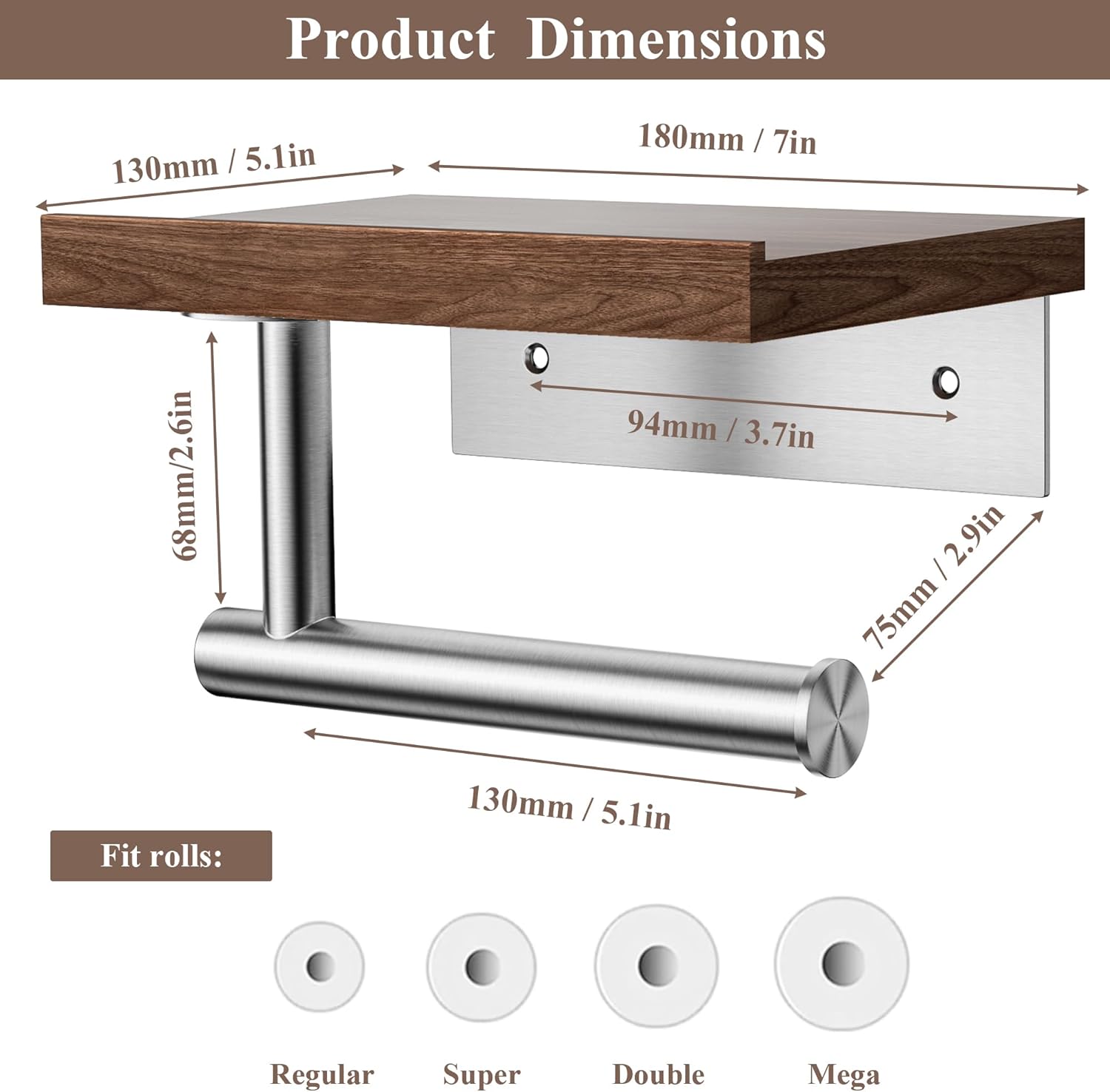 Tindbea Toilet Paper Holder with Wood Shelf, Wooden Wall Mount Tissue Paper Roll Holder, Brushed Nickel Stainless Steel Bathroom Accessories Decor Household Home Apartment Restroom Essentials (Walnut)