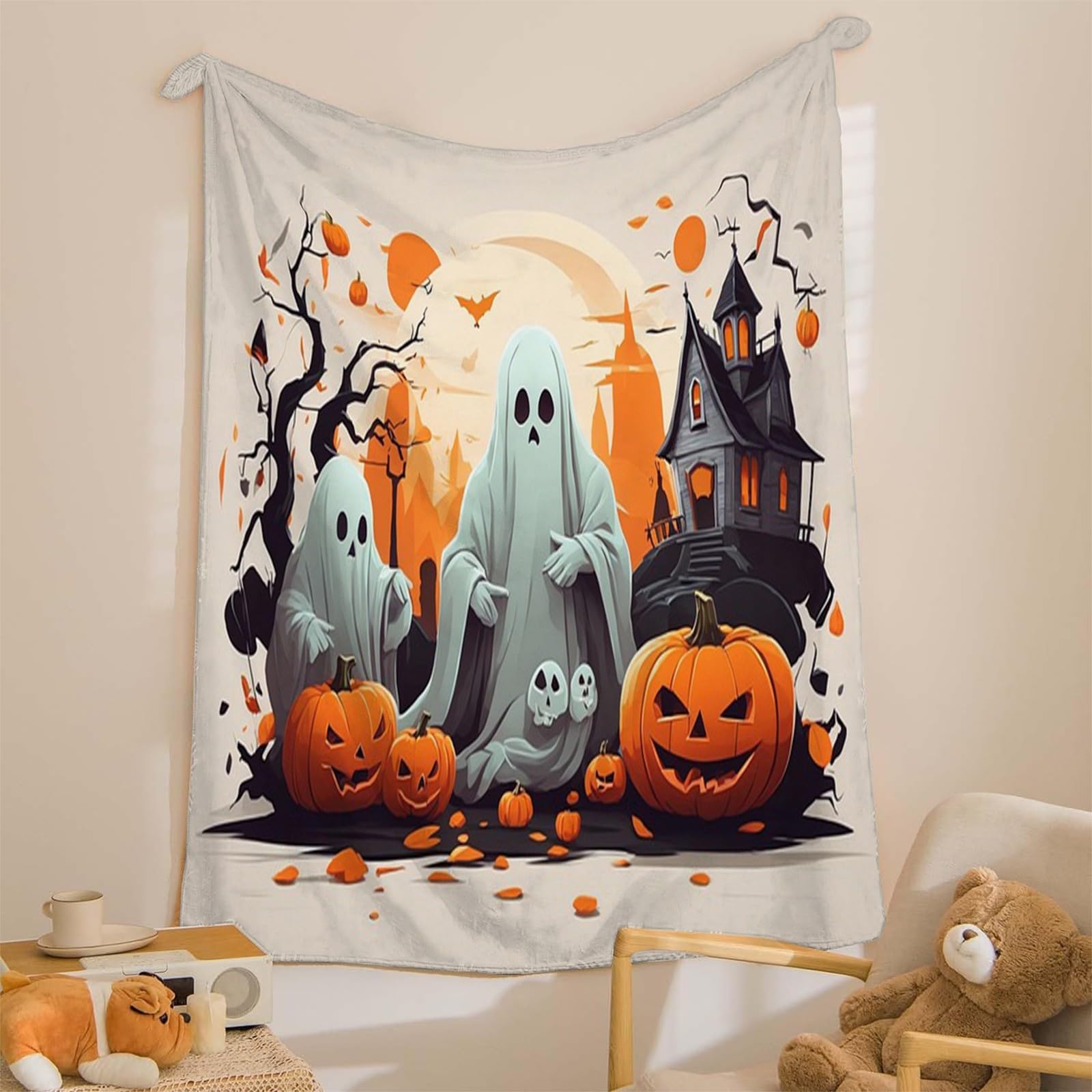 Générique Duży rozmiar straszny koc z dyni, koc polarowy na Halloween, miękki i puszysty koc flanelowy, odpowiedni do łóżek i sof (220 x 240 cm) AL1368