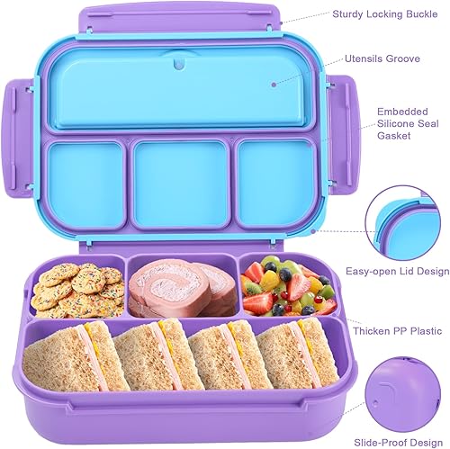 Miniatura 3 de Lonchera Bento para niños y niñas, lonchera Bento para adultos con 4 compartimentos, recipientes de almuerzo con utensilios, tarro de salsa, forros