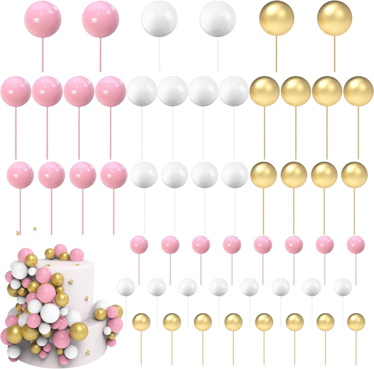 54 Pcs Pink White Gold Ball Cake Decorations Set, 4 Size