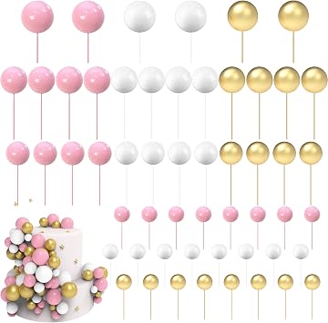 54 Pcs Pink White Gold Ball Cake Decorations Set, 4 Size Pink White Gold Balls Cake Toppers for Baby Shower Birthday Wedding Party Supplies