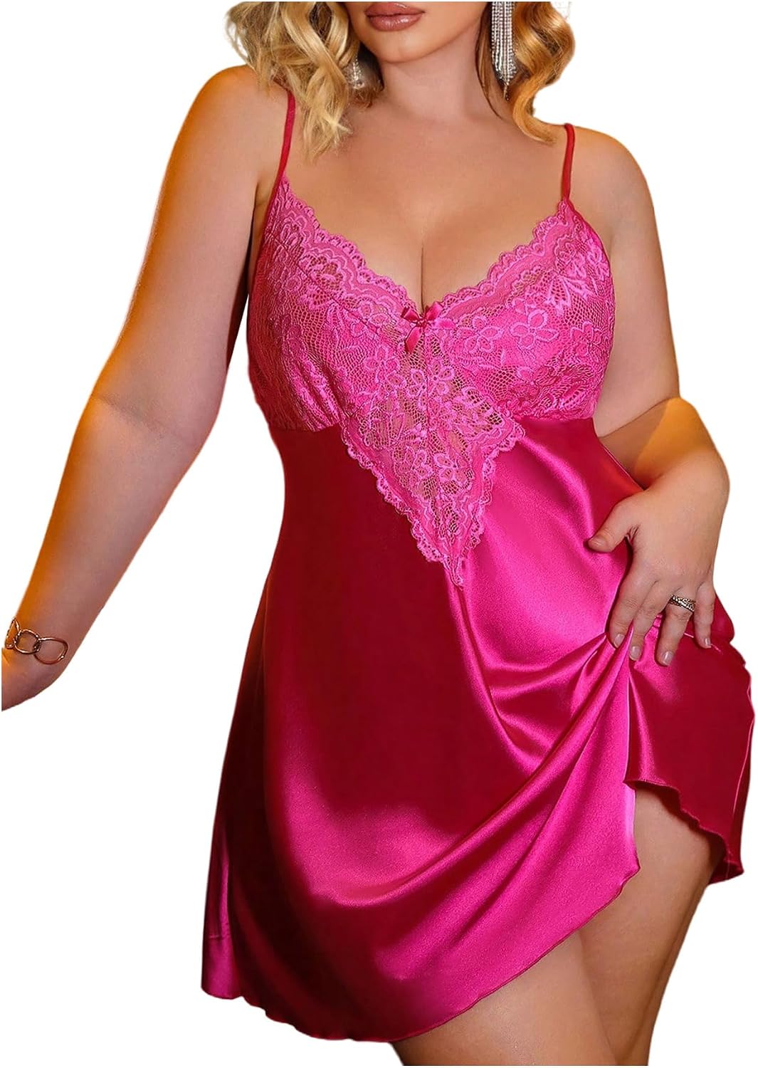 SOLY HUX Women's Plus Size Satin Nightgowns Lace Sleeveless Chemise Pajama Dress Mini Nightdress