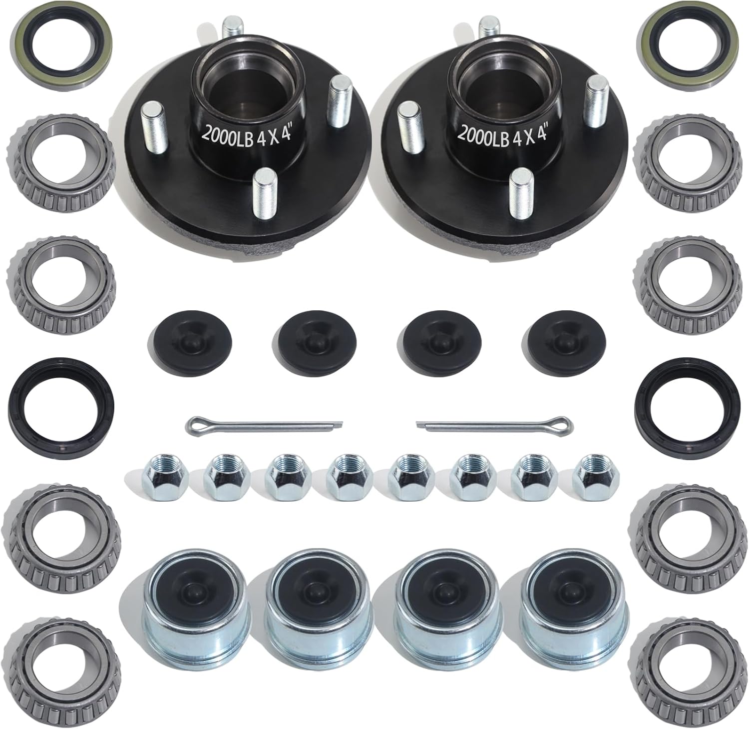 2 Sets Trailer Hub Kit 4 Bolt 4, Trailer Axle Kit for 2000 lb 4 Lug Trailer Hub Fits 1" and 1-1/16" Spindle with Extra Dust Cap and Rubber Plug