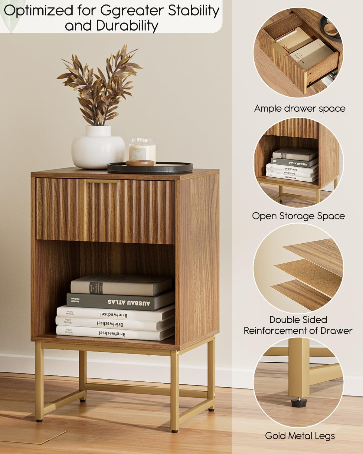 Masupu Fluted Nightstand,Modern Night Stand Wood Bedside Table with Storage Drawer Side End Table for Bedroom,Living Room,Office,Walnut Brown - Image 8