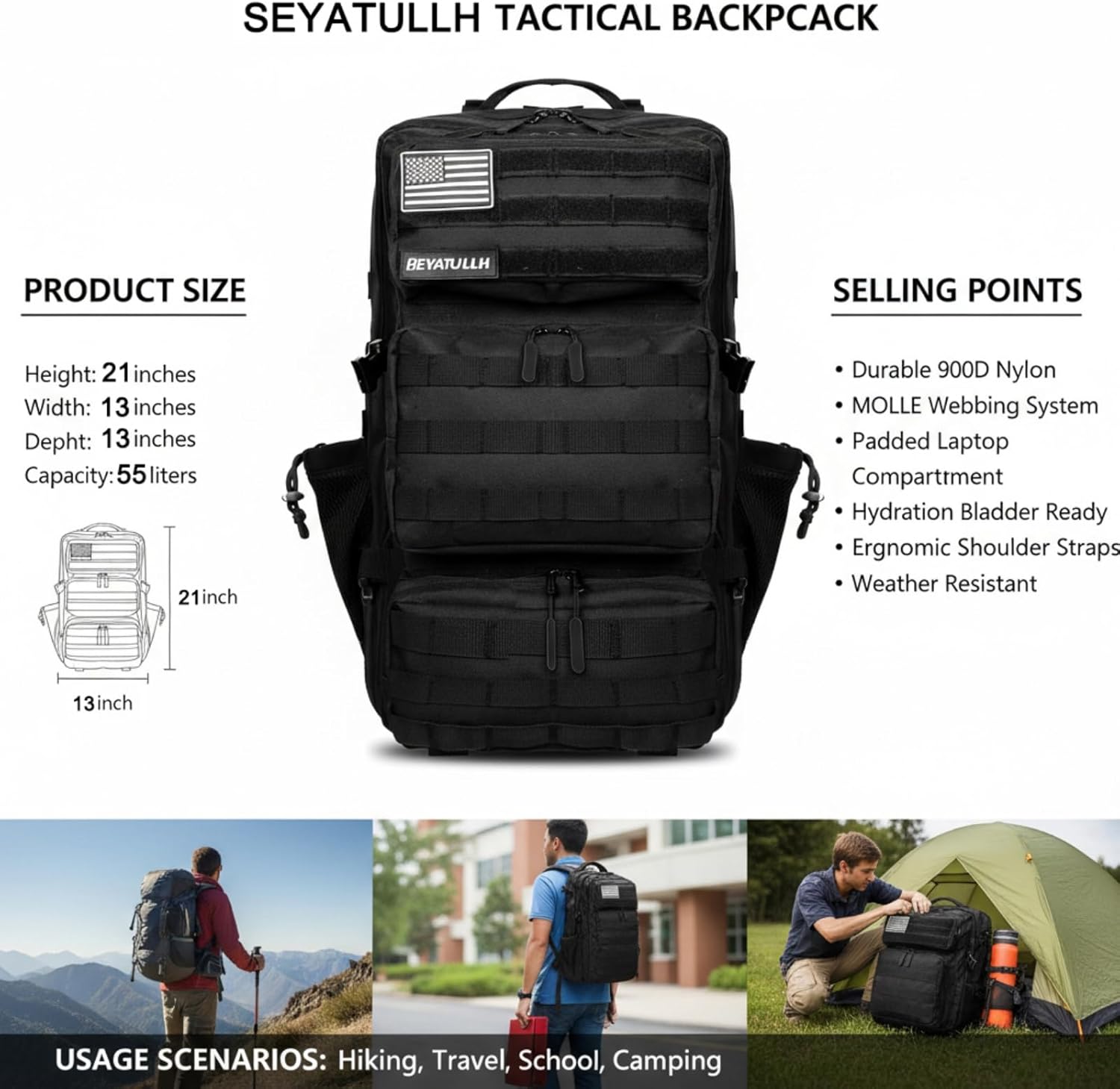 Military Tactical Backpack 55L for Men & Women Bug Out Bag Assault pack Molle Daypack Hiking Trekking Rucksack (Black)