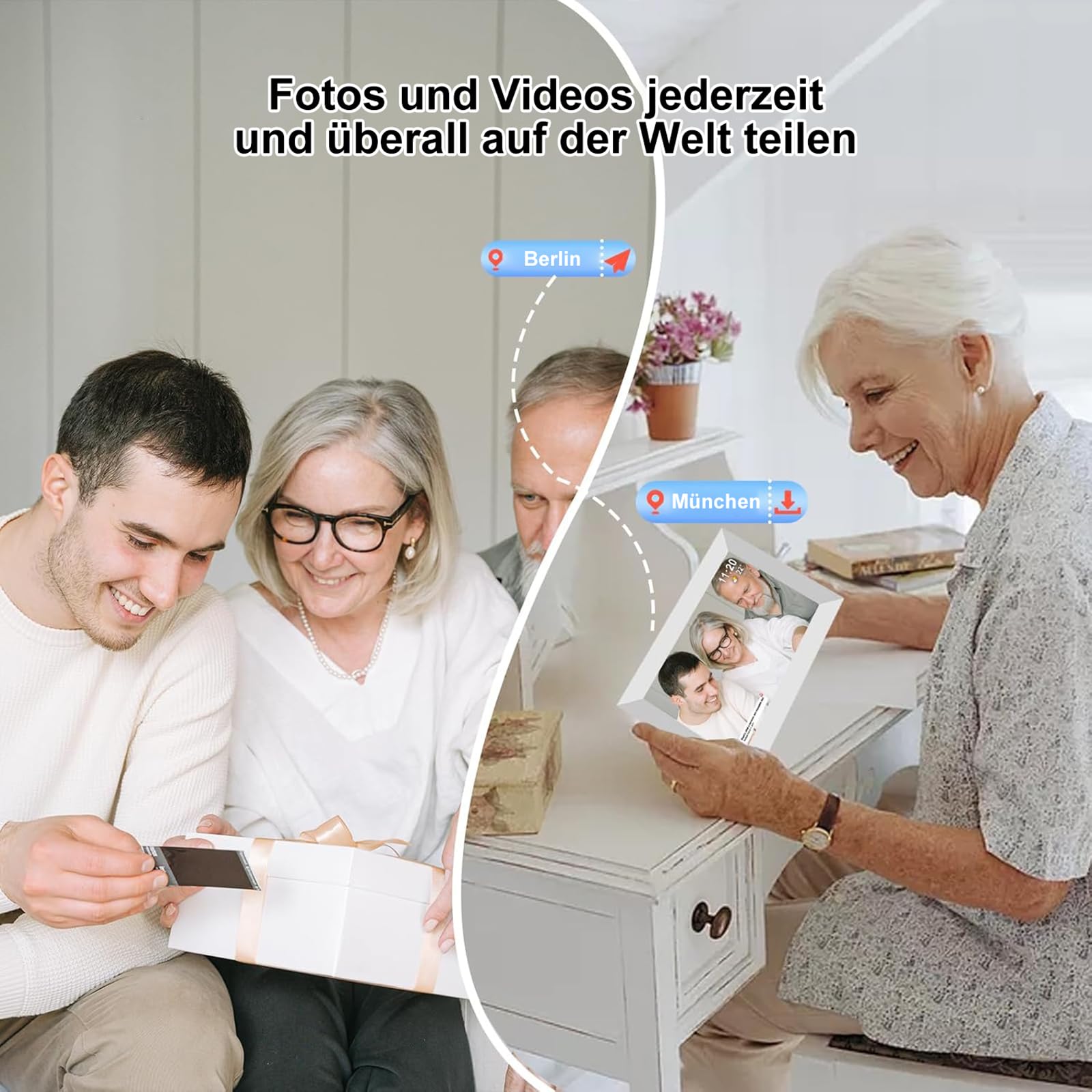 Frameo 10,1 Zoll Digitaler Bilderrahmen, Elektronischer Fotorahmen, WLAN-Digitaler Photo Frame, 32 GB Speicher, 1280x800 IPS-Display, Automatische Drehung, Wandmontierbar, Fotos/Videos teilen(Weiß)
