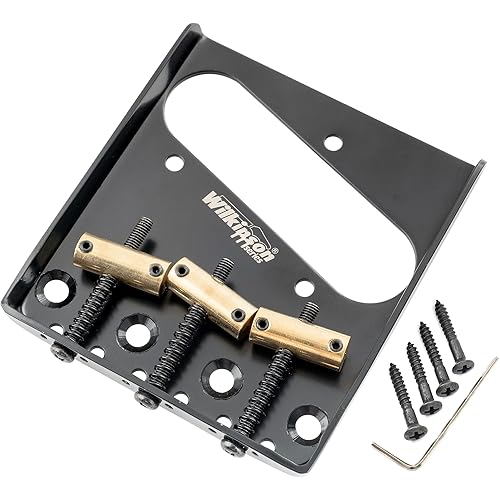 Wilkinson M Series 54mm (2-1/8 inch) String Spacing Vintage Telecaster Bridge with 3 Brass Barrel Saddles for Tele Style Electric Guitar, Black