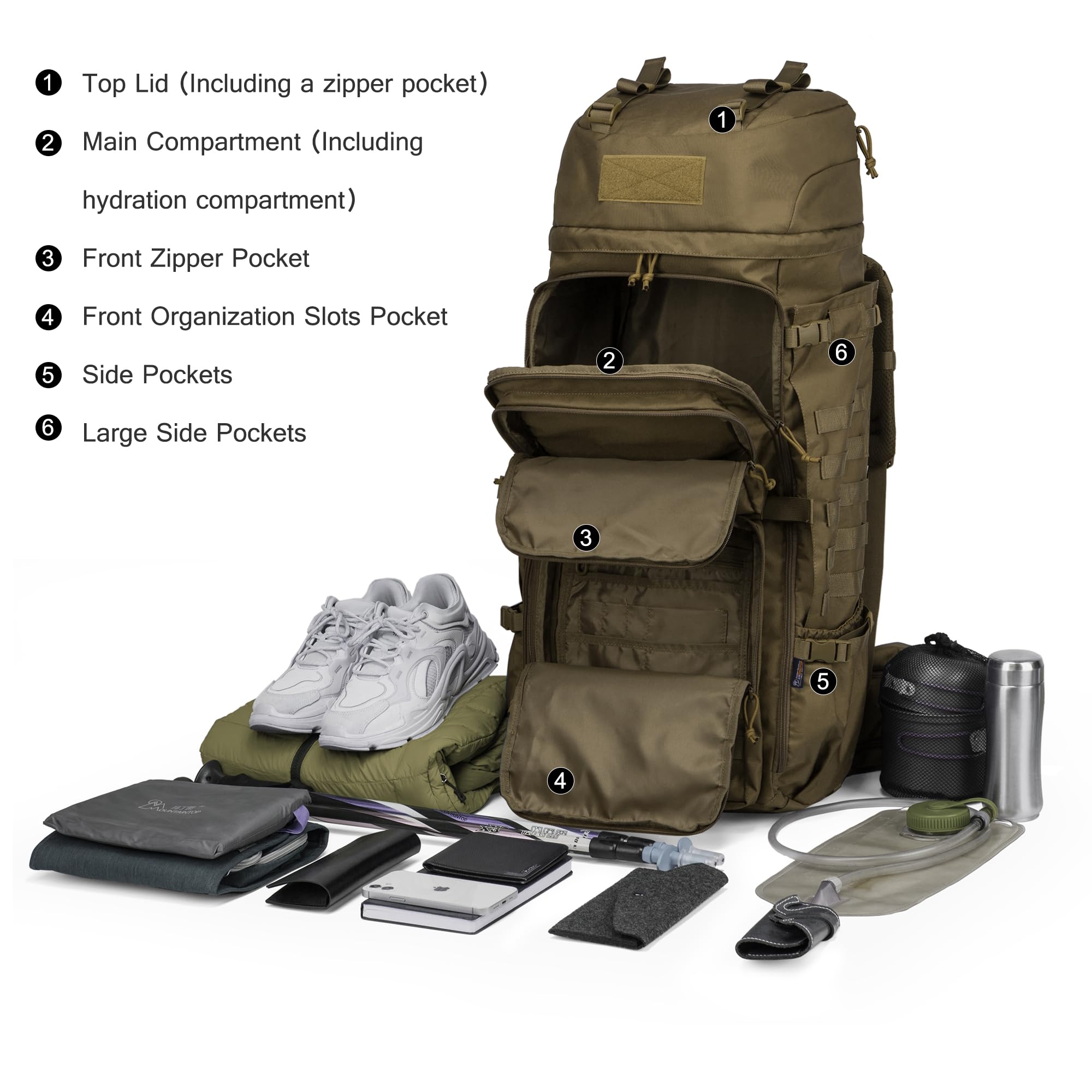 Mardingtop 75L Mochila Táctica Mochila Trekking Montaña con Cubierta de Lluvia, MOLLE Sistema de Senderismo Mochila de Gran Capacidad Mochila al aire libre para Trekking, Senderismo y Camping