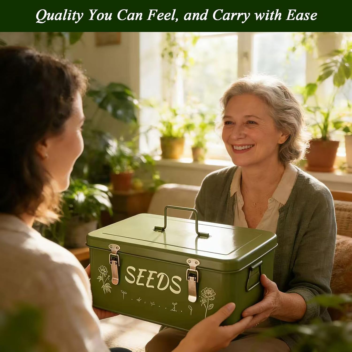 VerdantVibes Metal Seed Storage Organizer Box - Large Galvanized Seed Bin with 50 Vials, 50 Envelopes, Dividers & Labels - Complete Seed Saving Container & Gardening Gifts for Women Men