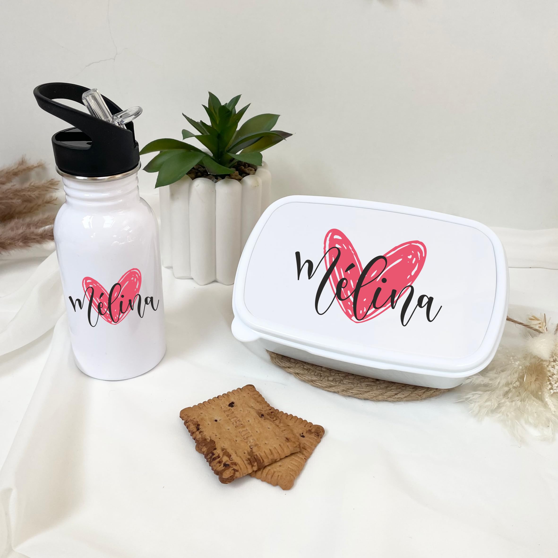 Ensemble gourde + boîte à goûter - école et centre aéré, pique nique enfant, gourde personnalisé, lunchbox personnalisé, gourde prénom enfant (Gourde + Boîte à goûter, Rose)