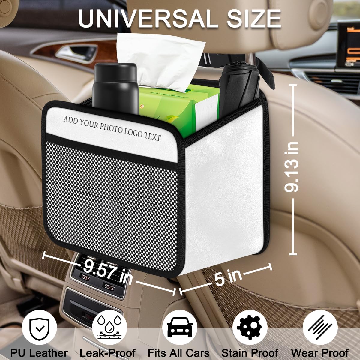 Custom Car Backseat Organizer Add Your Photo Text PU Leather Personalized Truck Back Seat Trash Bag Foldable Universal Hanging Storage Box Travel Accessories 9.57 x 9.13 x 5 Inch