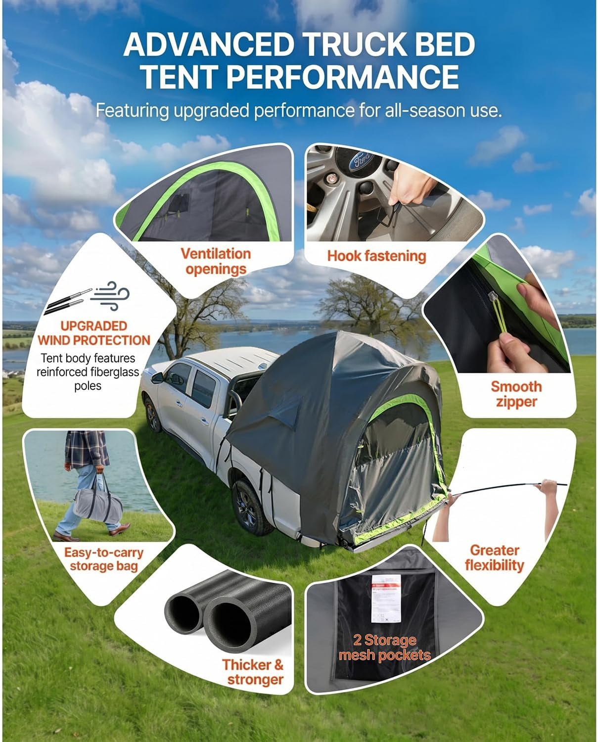 Truck Bed Tent, Pickup Truck Tent with Rain Layer and Carry Bag, Waterproof PU2000mm Double Layer Truck Tent for Camping