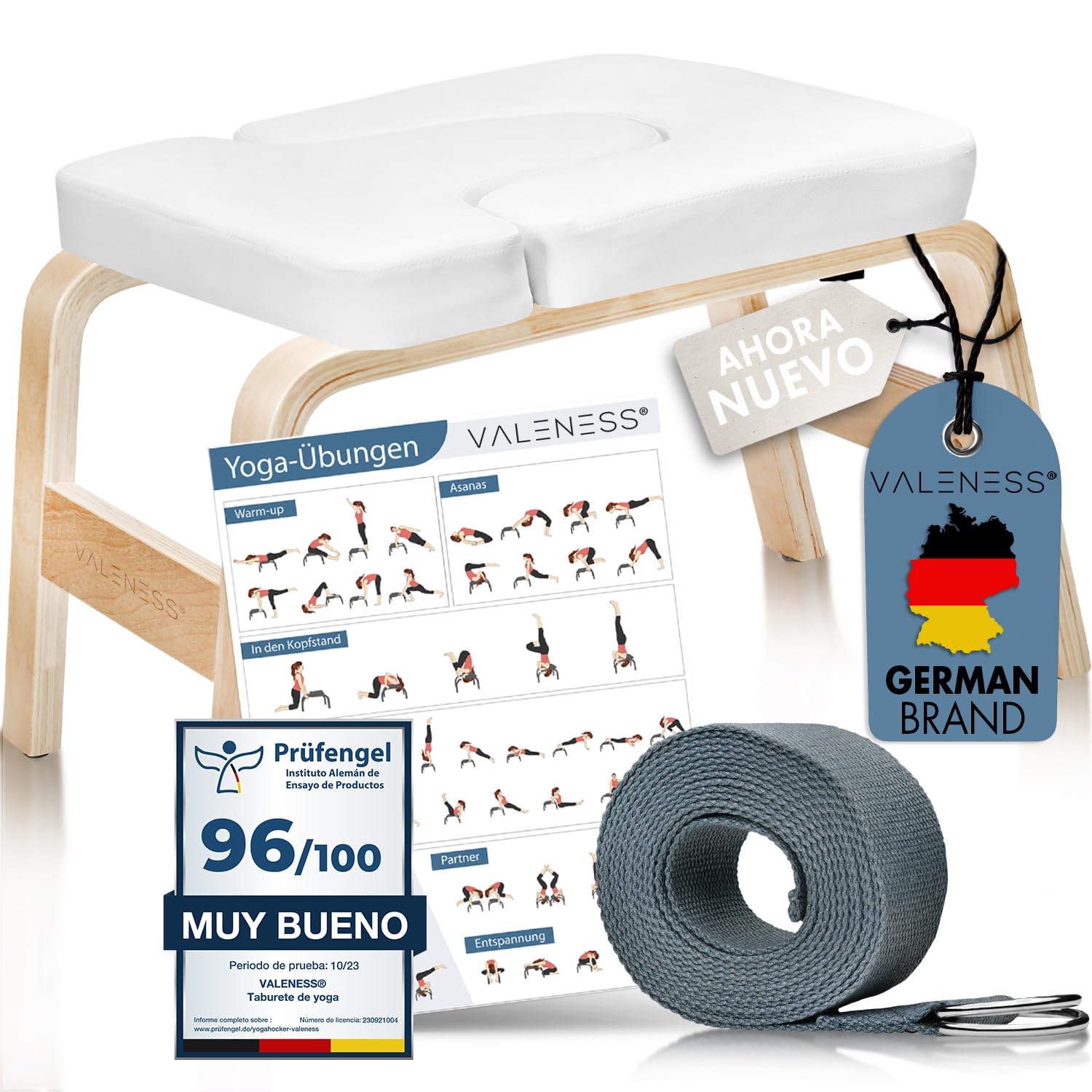 VALENESS® Taburete de Yoga para inversión en Madera con Correa y Bloque | De madera maciza, con correa de yoga, bloque y póster de ejercicios – para practicar inversiones de yoga en casa.