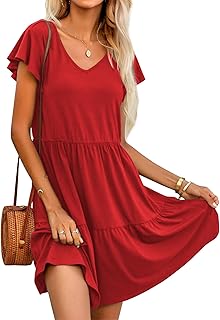 Mujeres Vestidos de Verano Cuello en V Manga Volantes Corta Vestidos de Playa Casual con Bolsillos