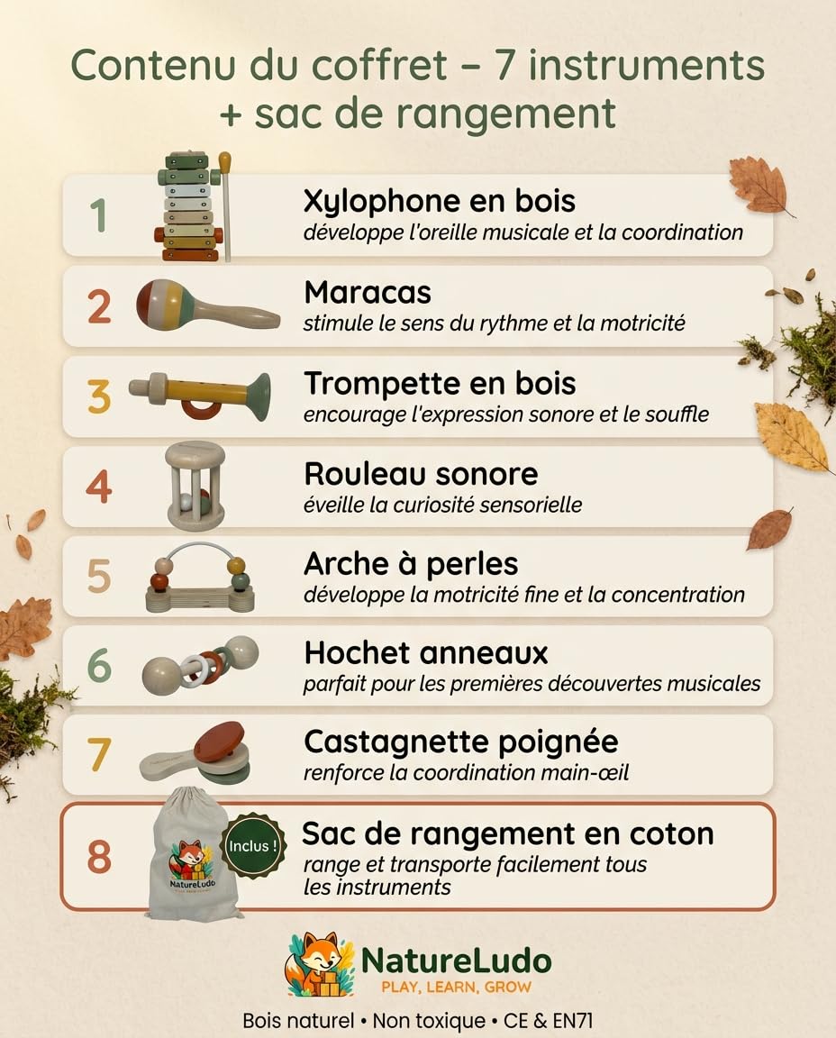 Instruments de Musique Enfant en Bois - 7 Pièces Montessori | xylophone maracas bébé - idée cadeau noël et anniversaire dès 3 ans