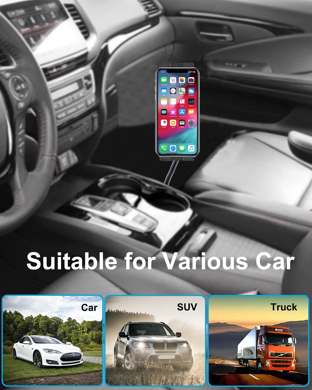 Z Fold Car Mount - [Foldable Phone Friendly] Car/Truck Seat Rail Cell Phone Holder, Adjustable Gooseneck Vehicle Floor Stand for Samasung Galaxy Fold 7 6 5 4 3 2, Google Pixel 9 Pro Fold, S25, iPhone