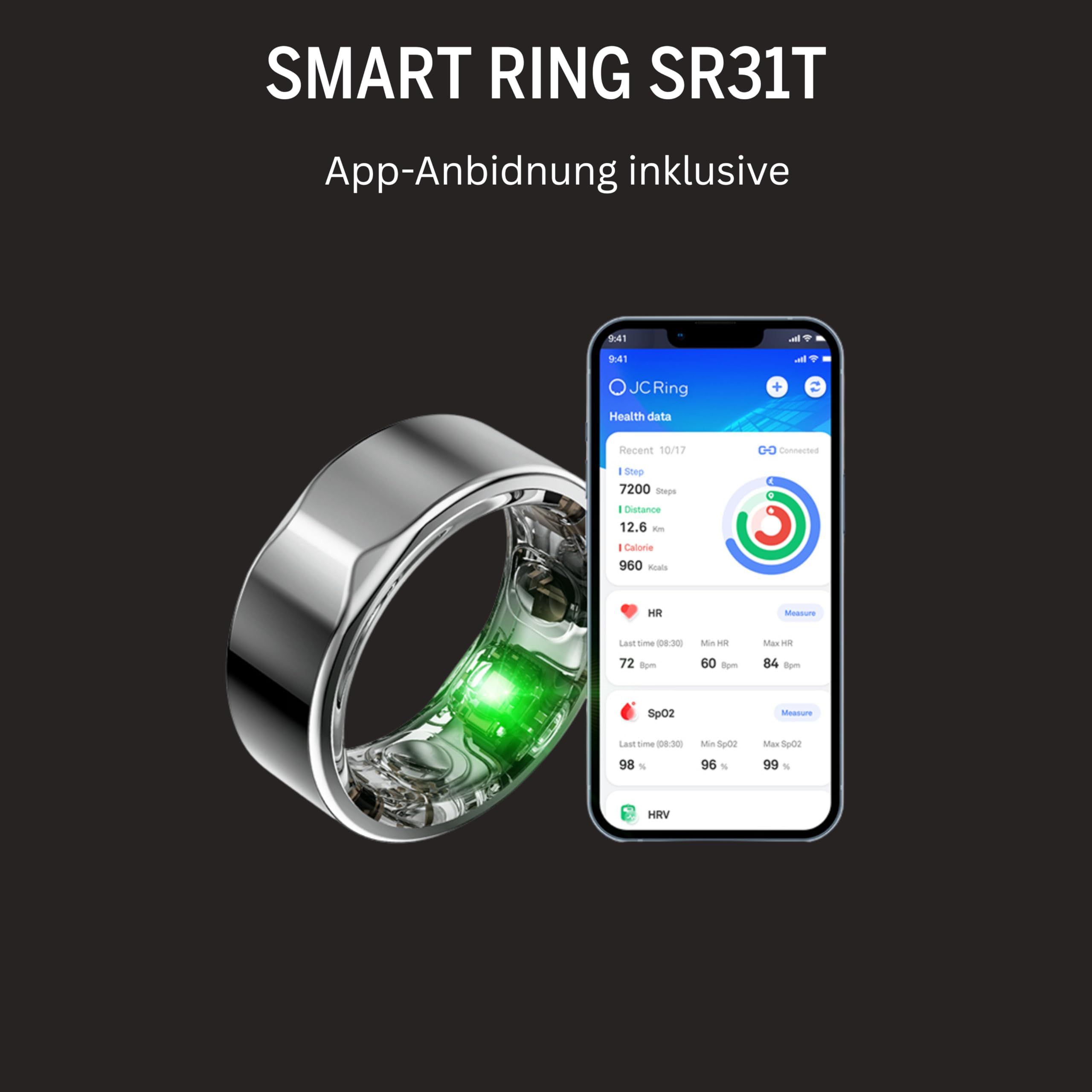 Beafon, Felixx, anello intelligente, SR31T, titanio, argento, misura 13 (69,8 mm), fitness tracking, frequenza cardiaca, ossigeno nel sangue e pressione sanguigna, monitoraggio dello stress, IP68
