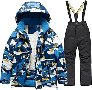 Boys Girls Camouflage Snow Suit Winter Warm 2 Piece Snowsuit Zip Up Hooded Fleece Down Ski Jacket