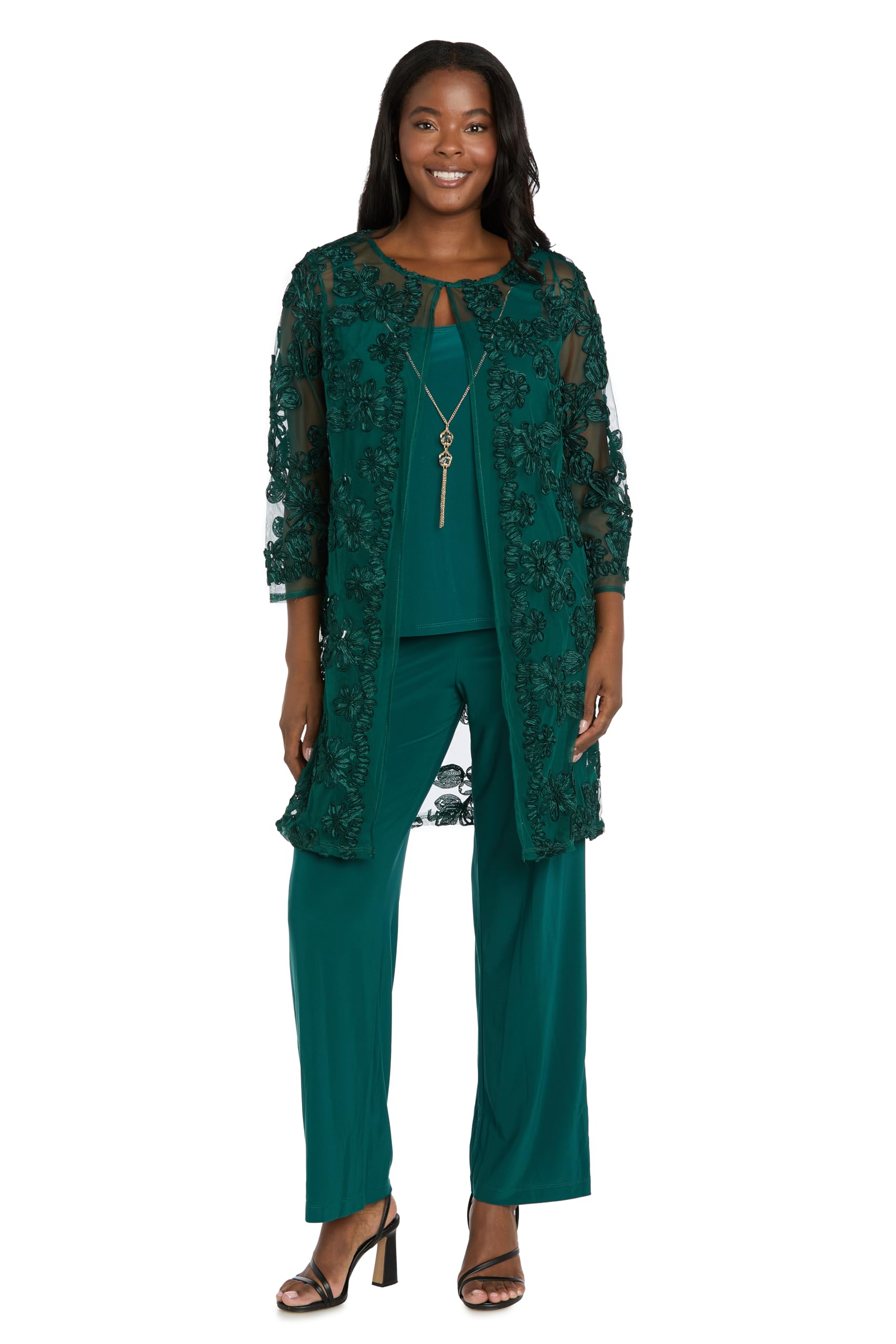 R M Richards Womens 3-Piece Soutache Ribbon Duster Pantsuit W Embroidered Jacket Tank Top W Necklace Straight Leg