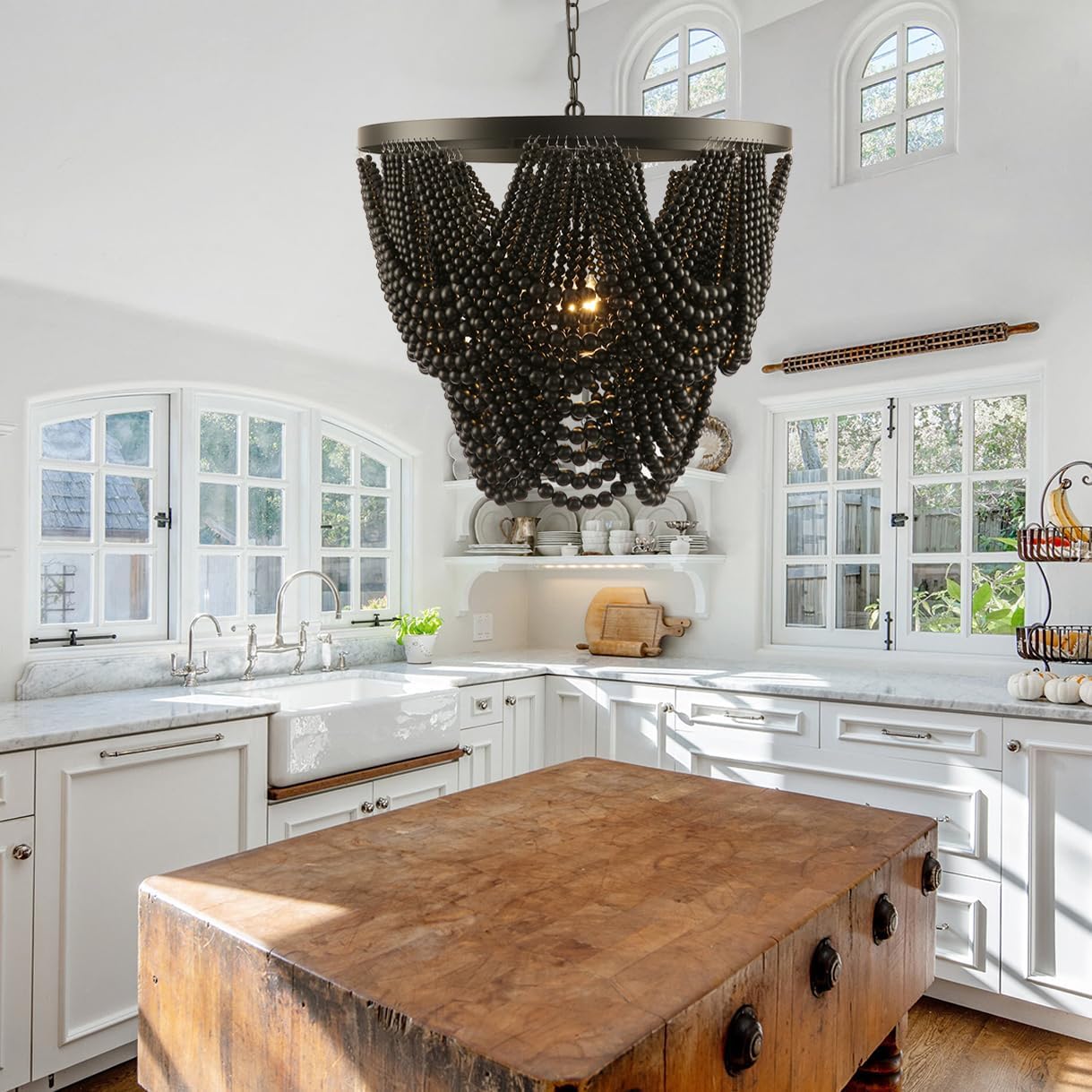 iMeshbean Boho Black Wood Beaded Chandelier, 25.5-inch OD, 4-Light, Rustic Farmhouse Ceiling Light Fixture for Dining Room, Bedroom, Living Room