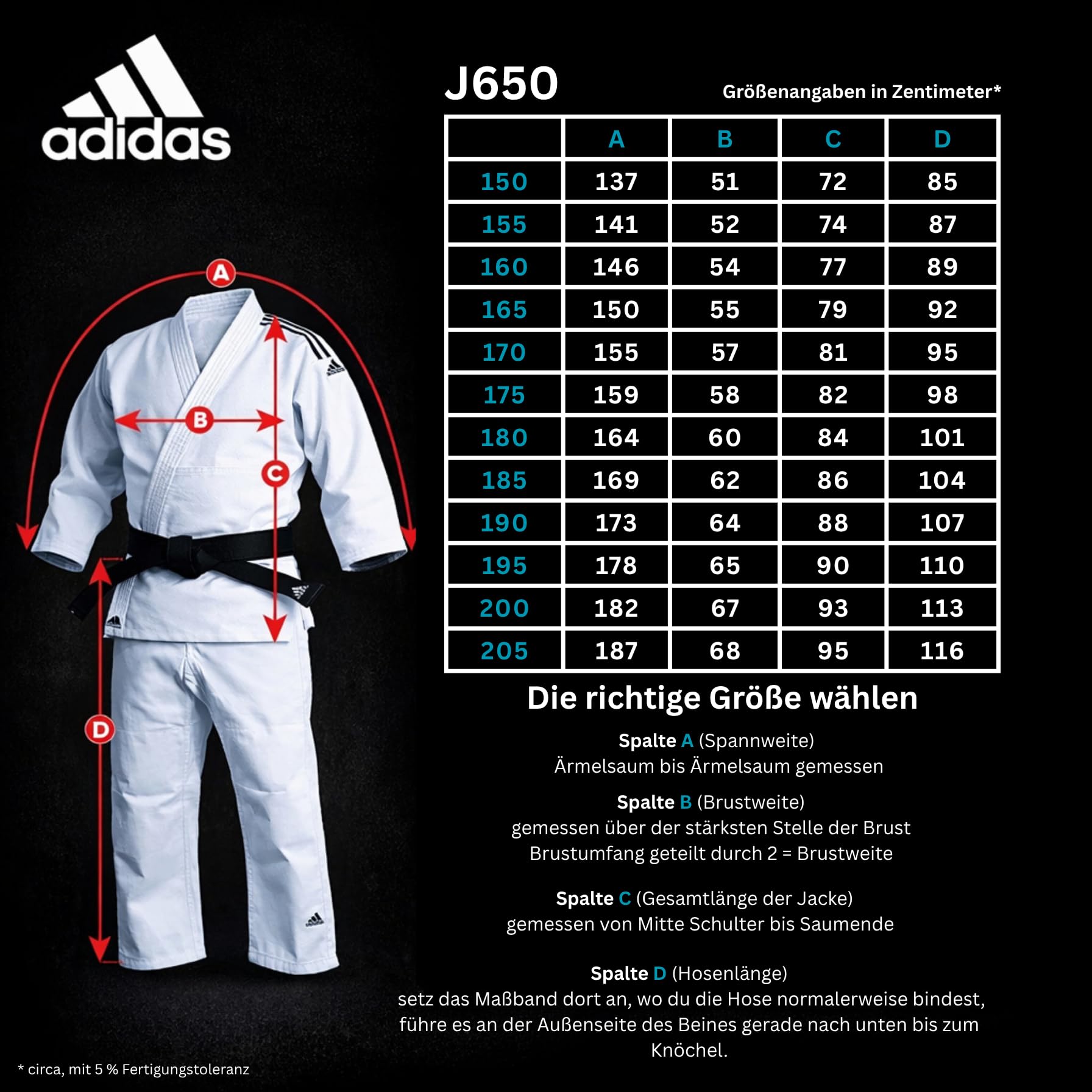 adidas Judoanzug J650 Contest Judo-GI 650g/qm Körpergröße 150-205 cm Weiß Blau