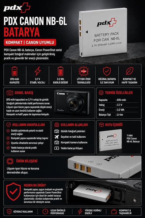 PDX Canon NB-6L Batarya | Kompakt | Canon Uyumlu