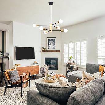 Sputnik Ceiling Light 6 Lights, Black and Gold Sputnik Chandeliers Ceiling Light, Modern Pendant Light Semi Flush Ceiling Lights for Living Room Dining Room Bedroom Hallway, Height Adjustable